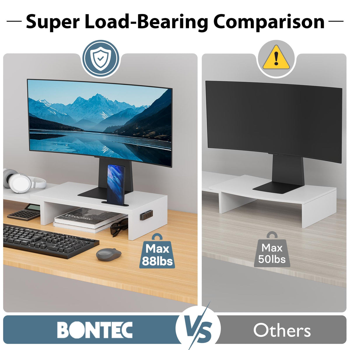 BONTEC Dual Monitor Stand Riser, Adjustable Length & Swivel Angle, White