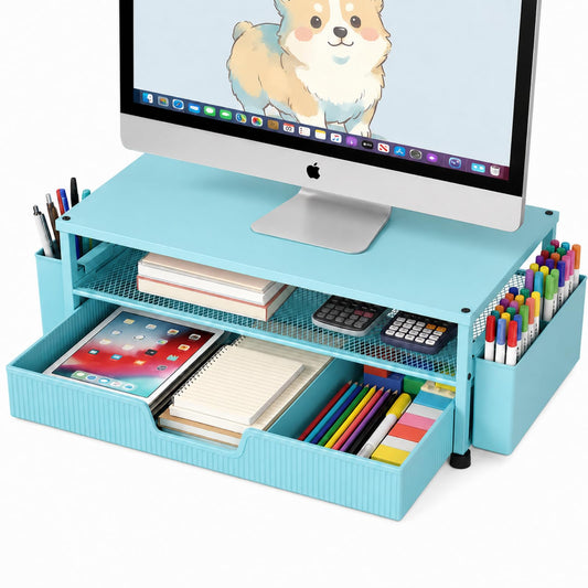 ECOLOVI Desk Organizer and Accessories, 2-Tier Computer Monitor Stand Rise with Storage Drawer & 2