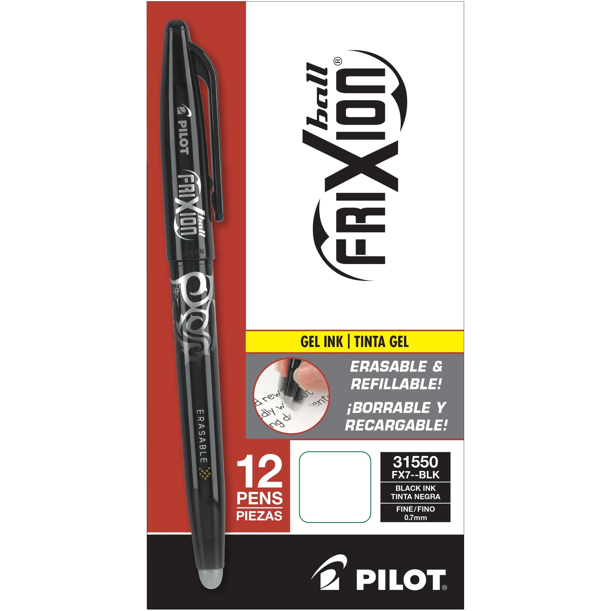 PILOT FriXion Ball Erasable & Refillable Gel Ink, Black Ink, 12-Pack