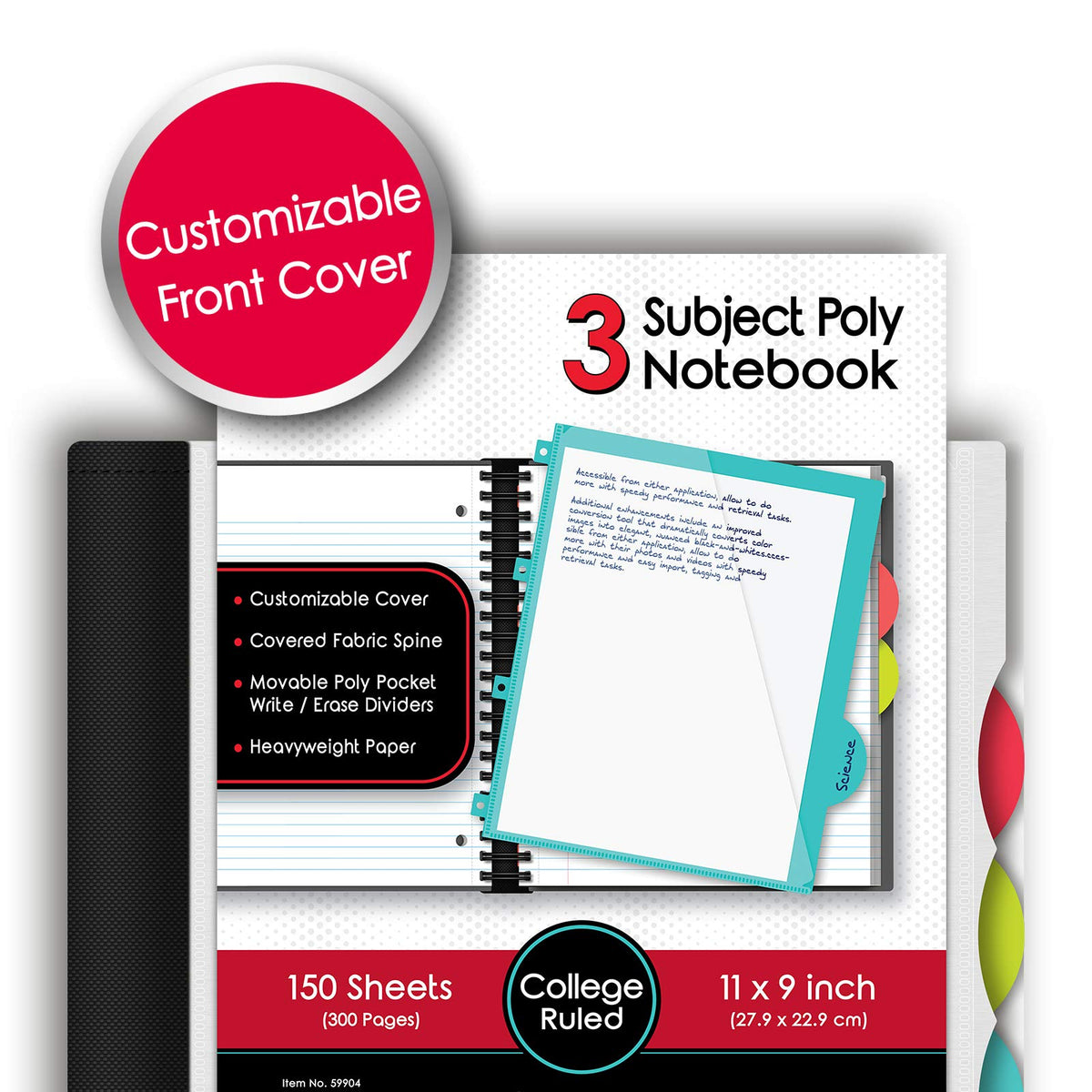 IQ+ iScholar 3-Subject Poly Cover Wirebound Notebook, College Ruled, 11 x 8.5 Inch, 150 Sheets, Red