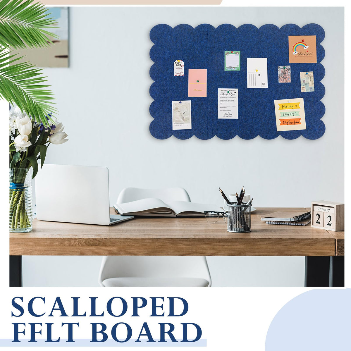 Mooliwe Scalloped Felt Bulletin Cork Board Foldable Dark Blue 36 * 24 Inch