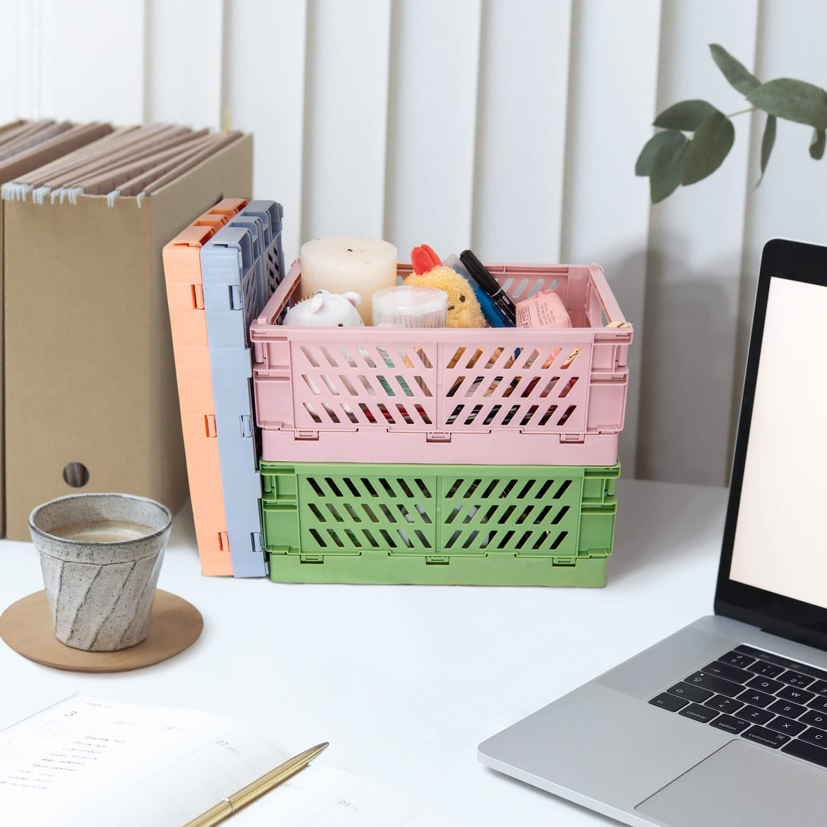 Xuanmuque 5-Pack Collapsible Plastic Storage Baskets for Organizing with Handle, Crate Bin for Desk