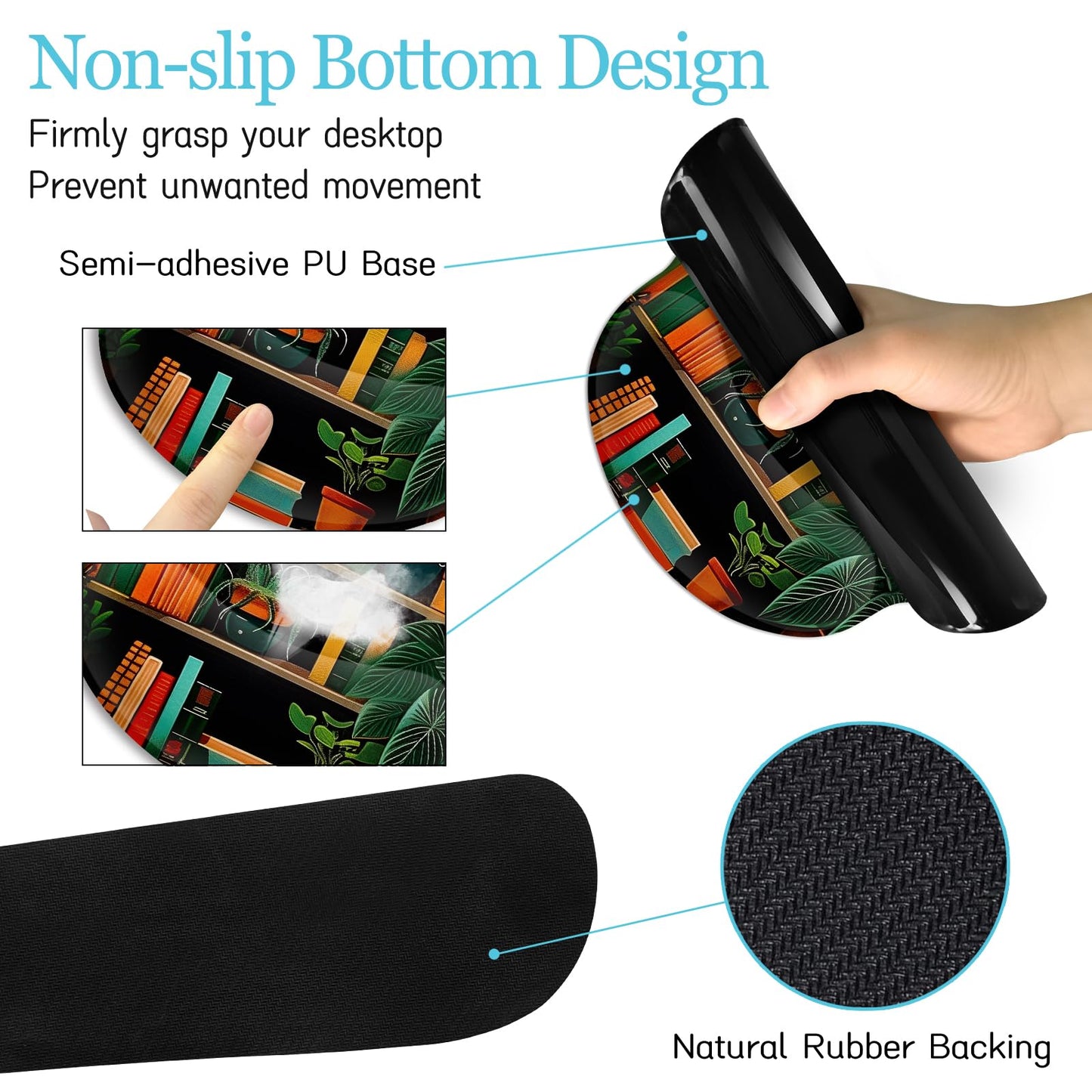 LIMKRIAN Bookshelf Mouse Pad with Wrist Rest, Plant Desk Mat Set Decor