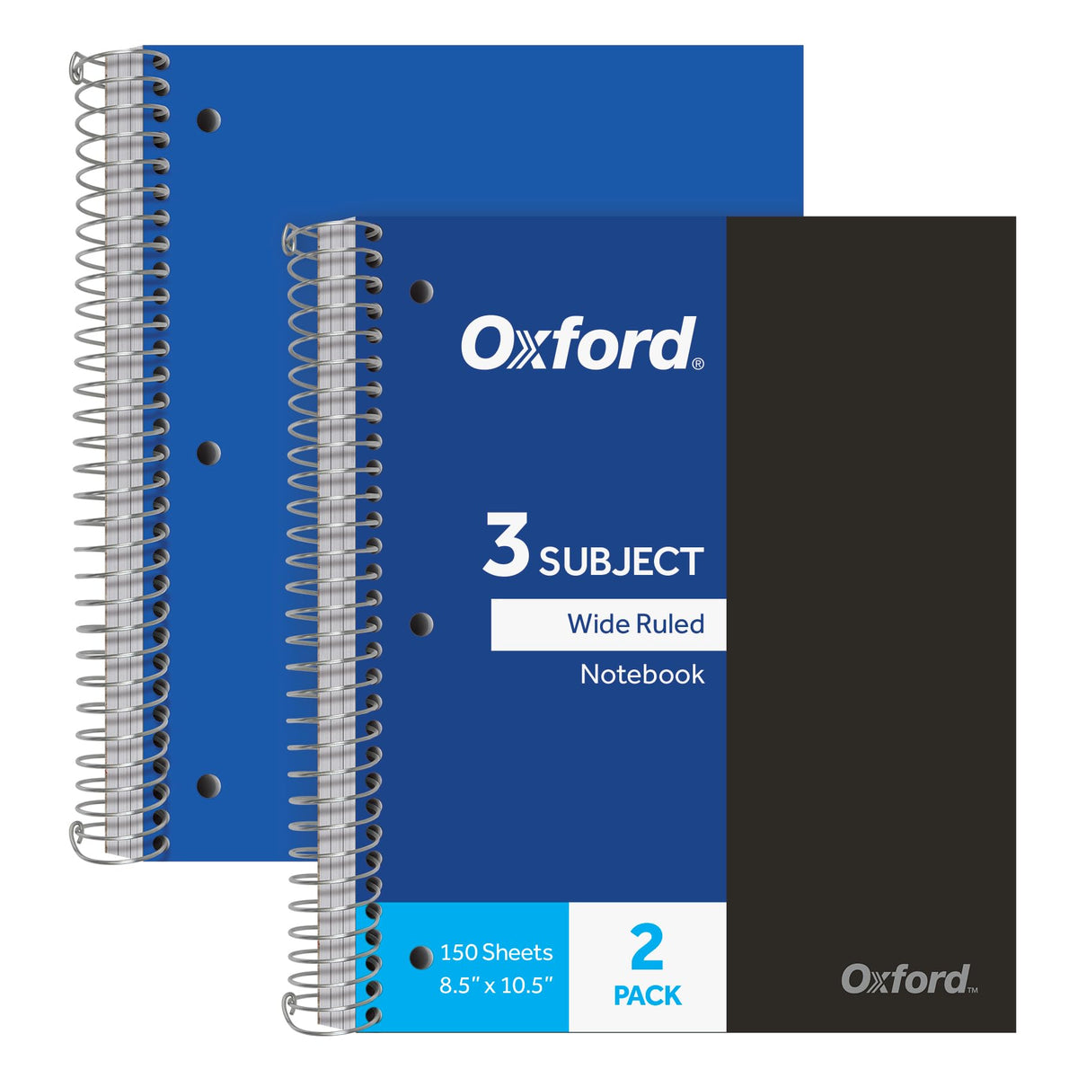 Oxford Spiral Notebooks, 3-Subject, Wide Ruled Paper, Durable Plastic Cover, 150 Sheets, 3 Divider