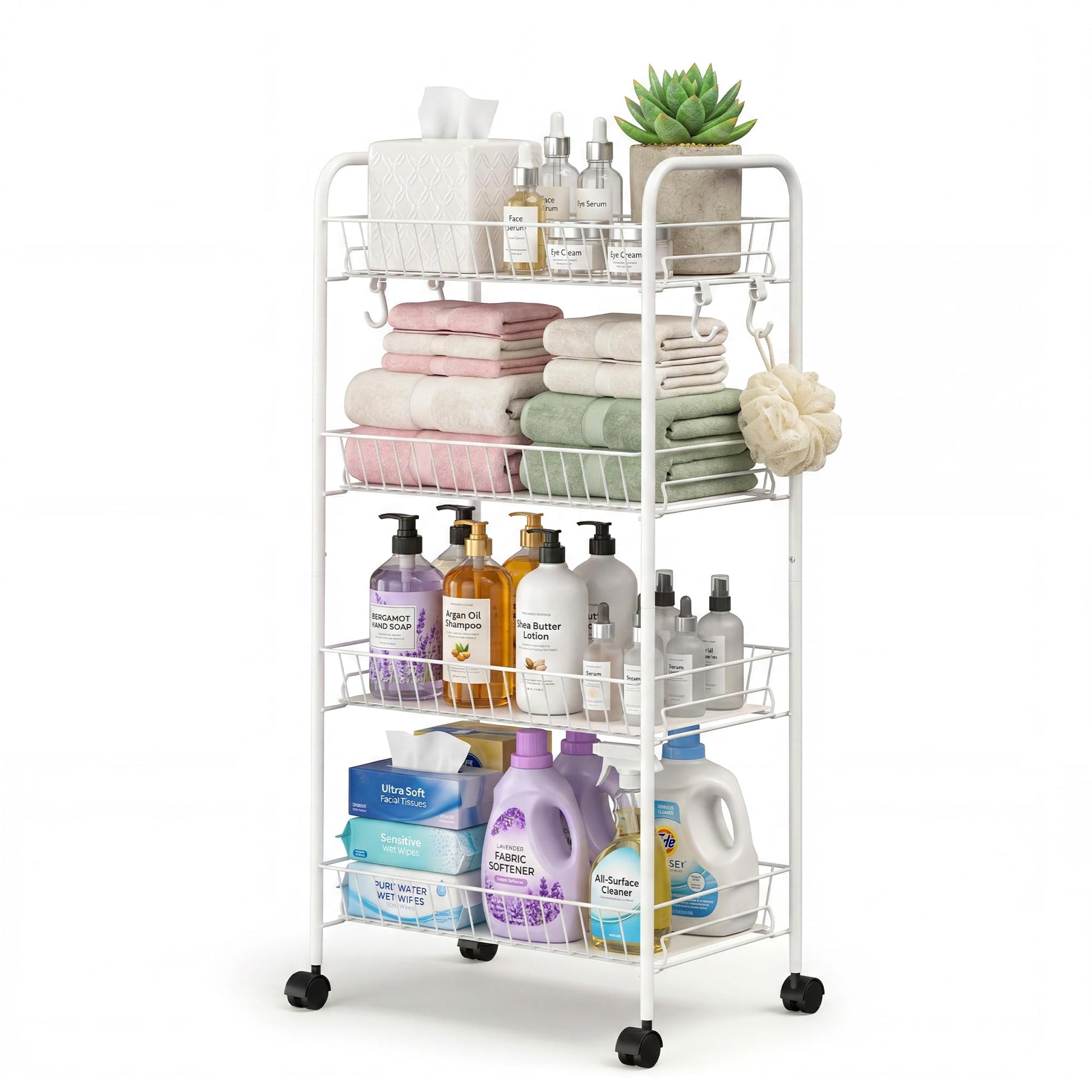 PLKOW 4-Tier Rolling Utility Cart with Detachable Baskets, White