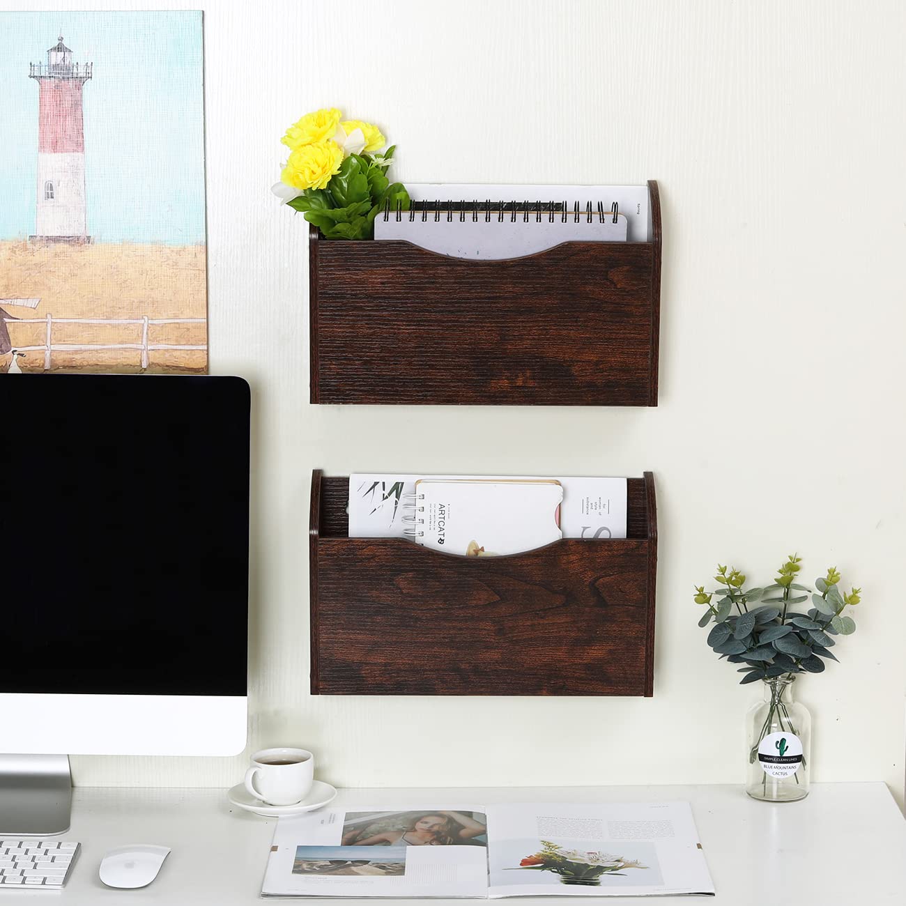 PAG-Mass Wall File Holder Wall Mounted Wood Hanging File Organizer for Office, 2 Pockets, Brown