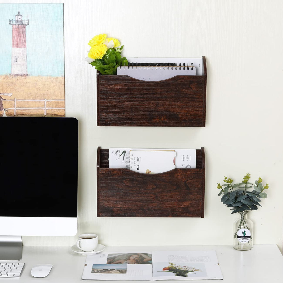 PAG-Mass Wall File Holder Wall Mounted Wood Hanging File Organizer for Office, 2 Pockets, Brown