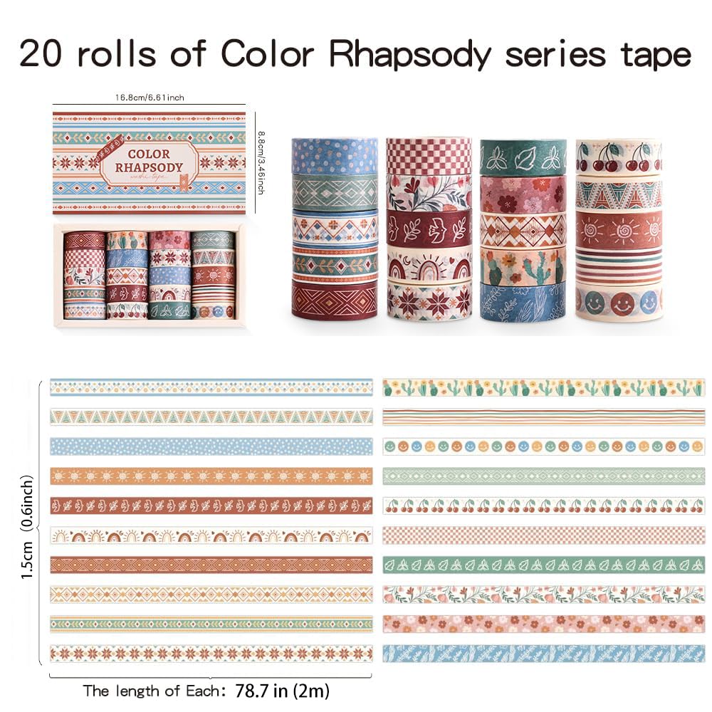 icceemee 20 Rolls Bohemia Theme Washi Tape Set,Writable Decorative Tapes for Scrapbooking, Junk