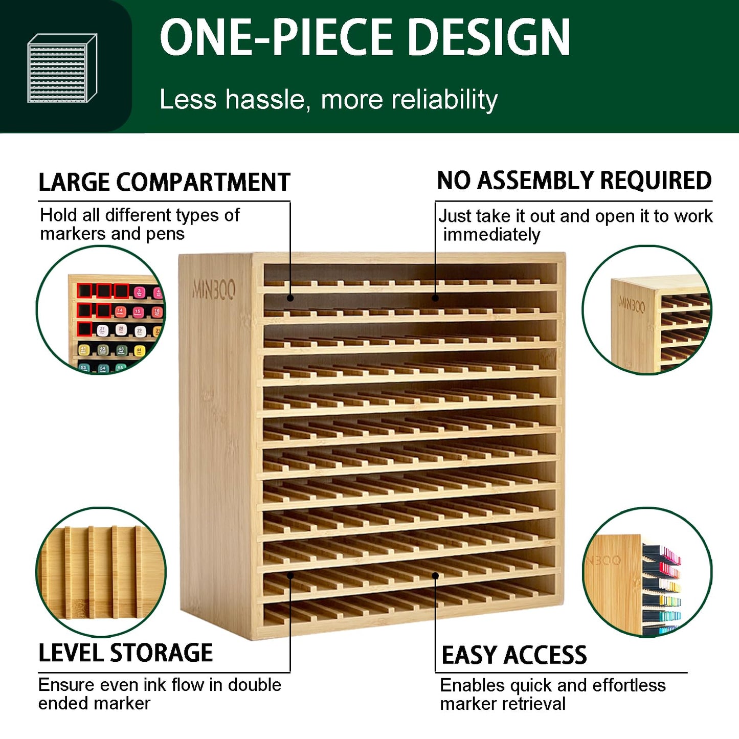 MinBoo Marker Organizer for 144 Markers, Bamboo Art Supply Storage Organizer Rack, Art Markers Pens