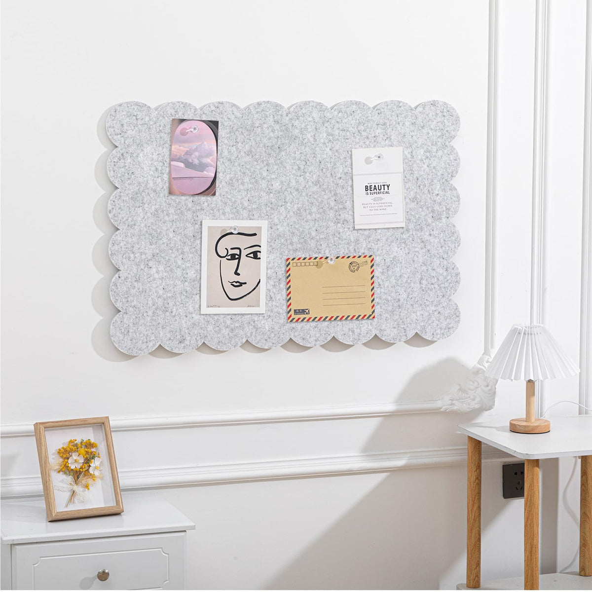 Mooliwe Scalloped Felt Bulletin Cork Board Foldable Light Gray 24 * 18 Inch