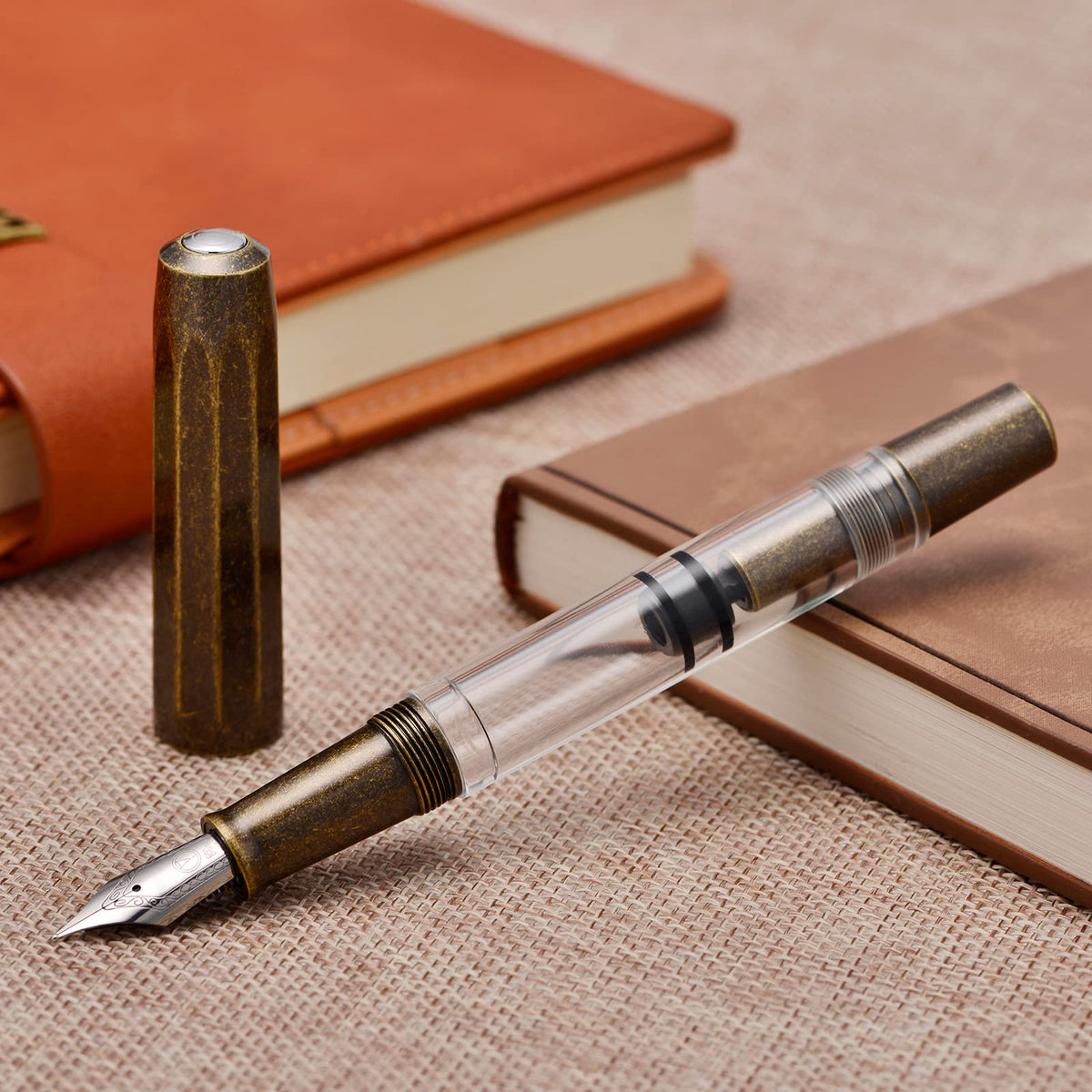Majohn T1 Piston Fountain Pen Fine, Vintage Brass Transparent Acrylic Large Ink Capacity Writing