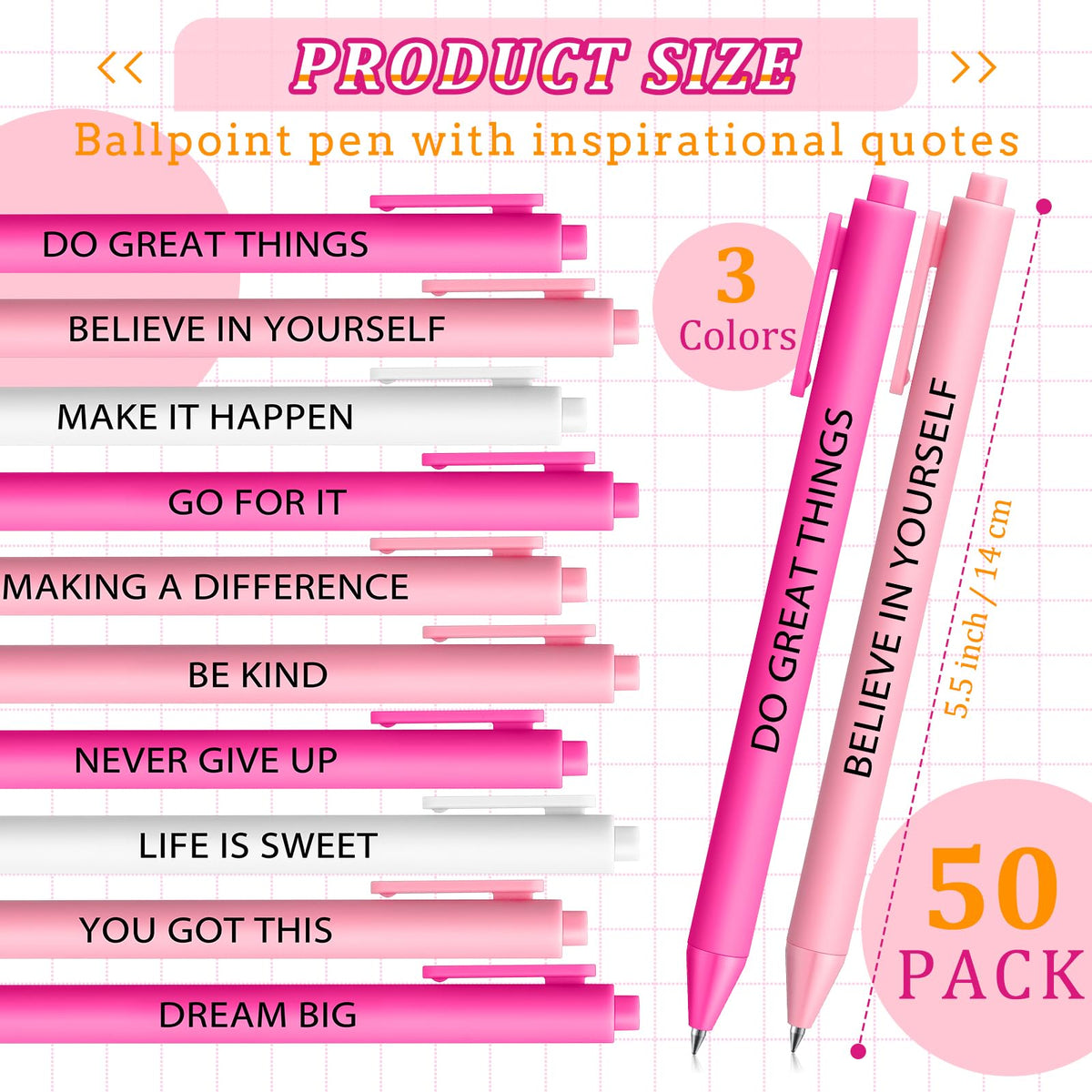 Crtiin 50 Pcs Inspirational Pens Bulk Powder Colors, Motivational