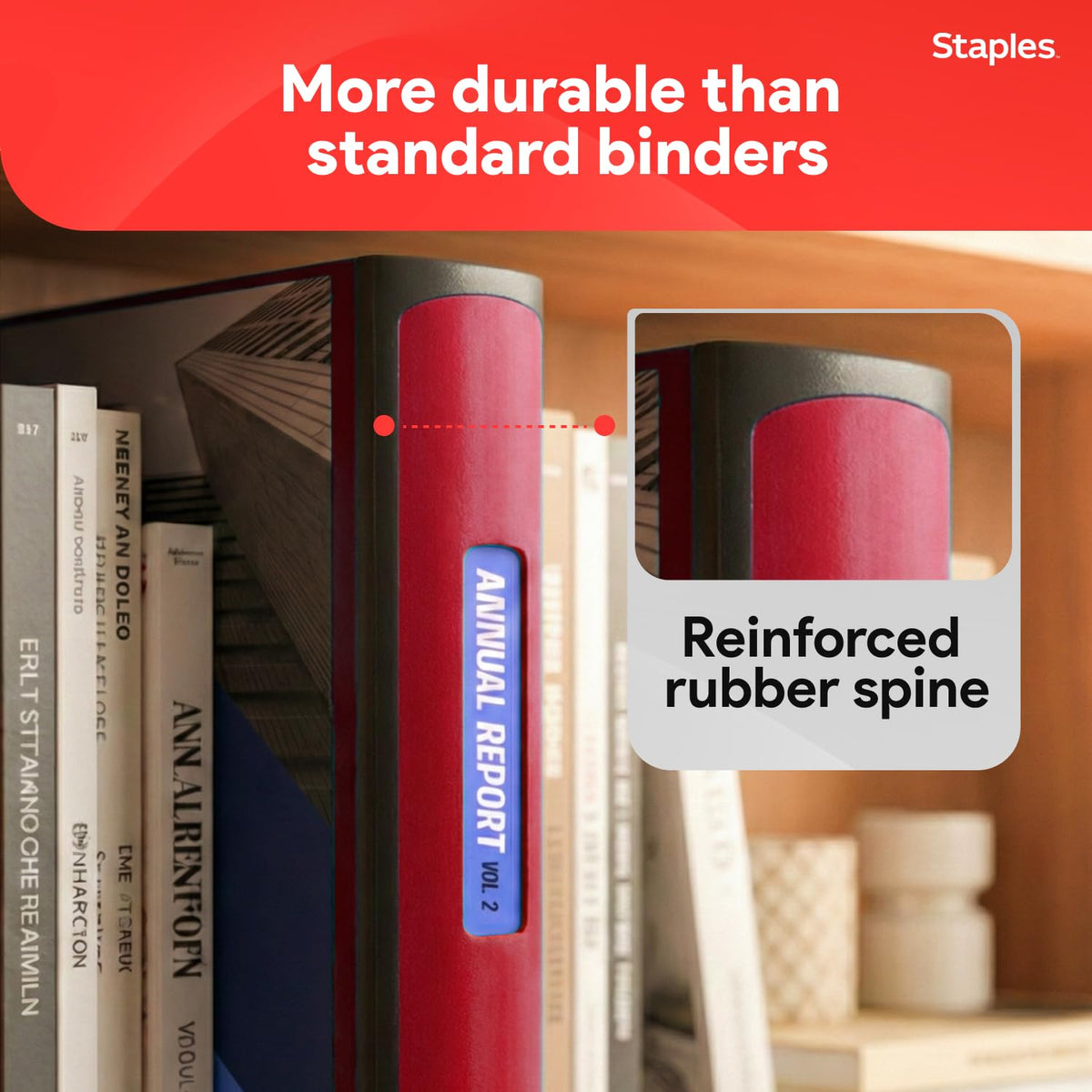Staples Heavy-Duty 2-Inch D-Ring Binder, Red, Holds 540 Sheets