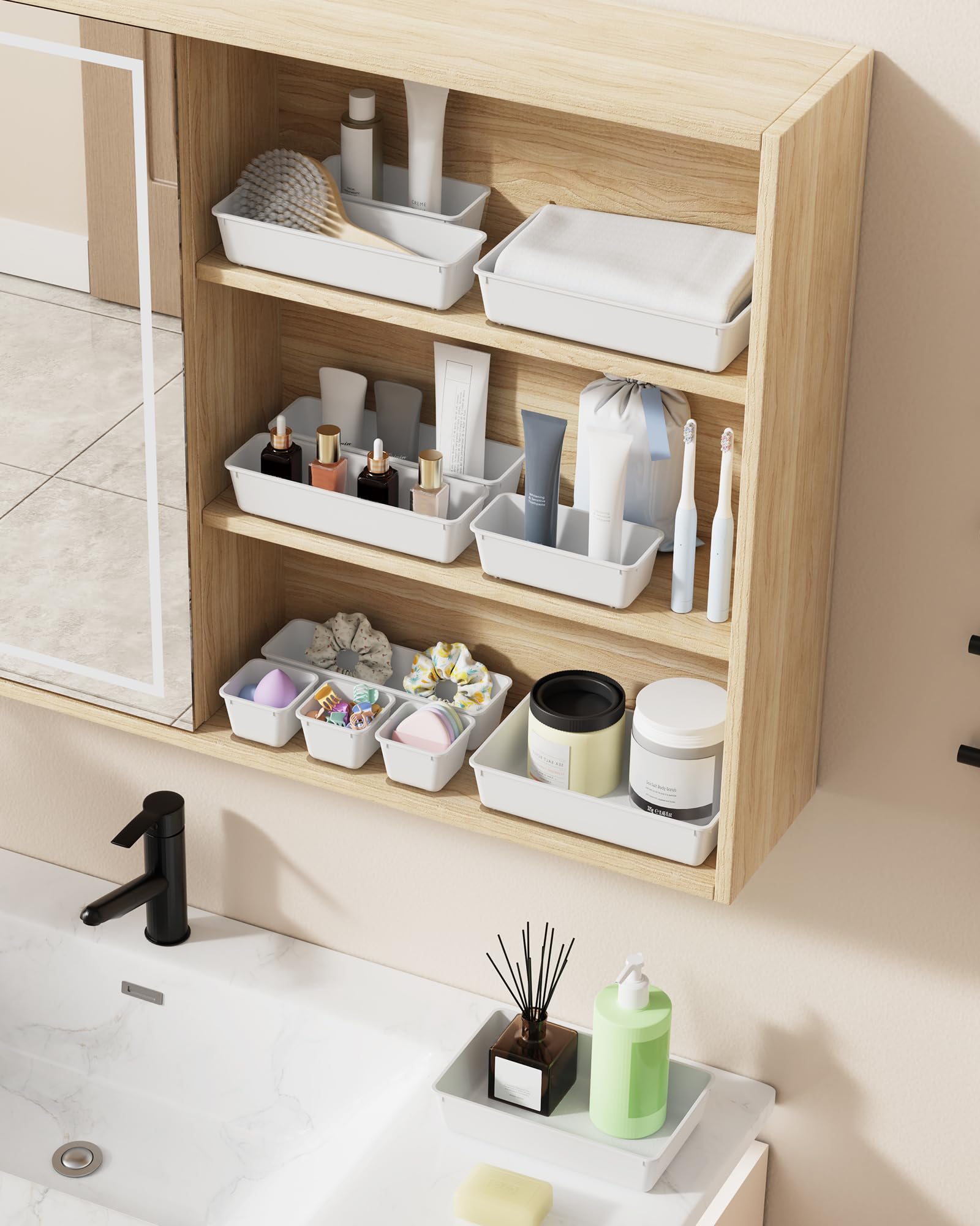 BiuLeon 25 PCS Plastic Drawer Organizers Set, 4-Sizes Vanity and Makeup Organizer, Desk and