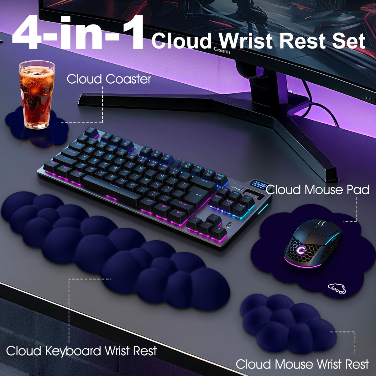 Retuhapy Cloud Wrist Rest Keyboard Cushion and Cloud Mouse Pad, Dark Blue