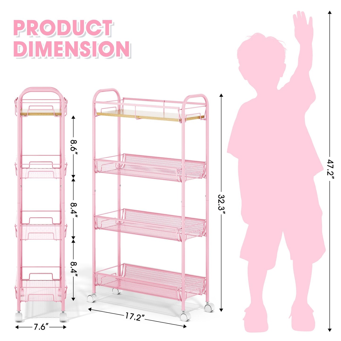 TOOLF 4-Tier Slim Rolling Cart, Metal Storage Cart with Wooden Tabletop and Mesh Baskets for Narrow
