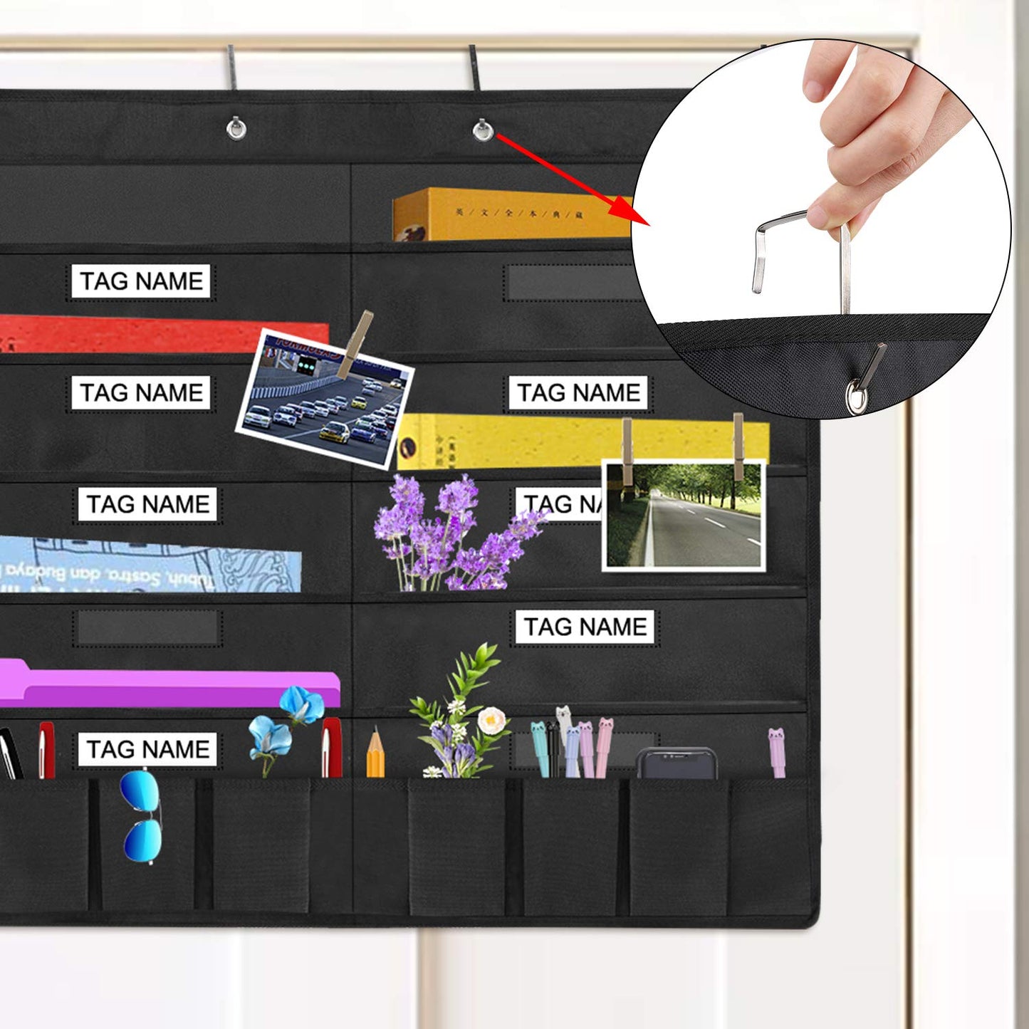Sinzip Heavy Duty 10 Pocket Door Hanging File Organizer with Name Tag Holders, Black Wall Storage