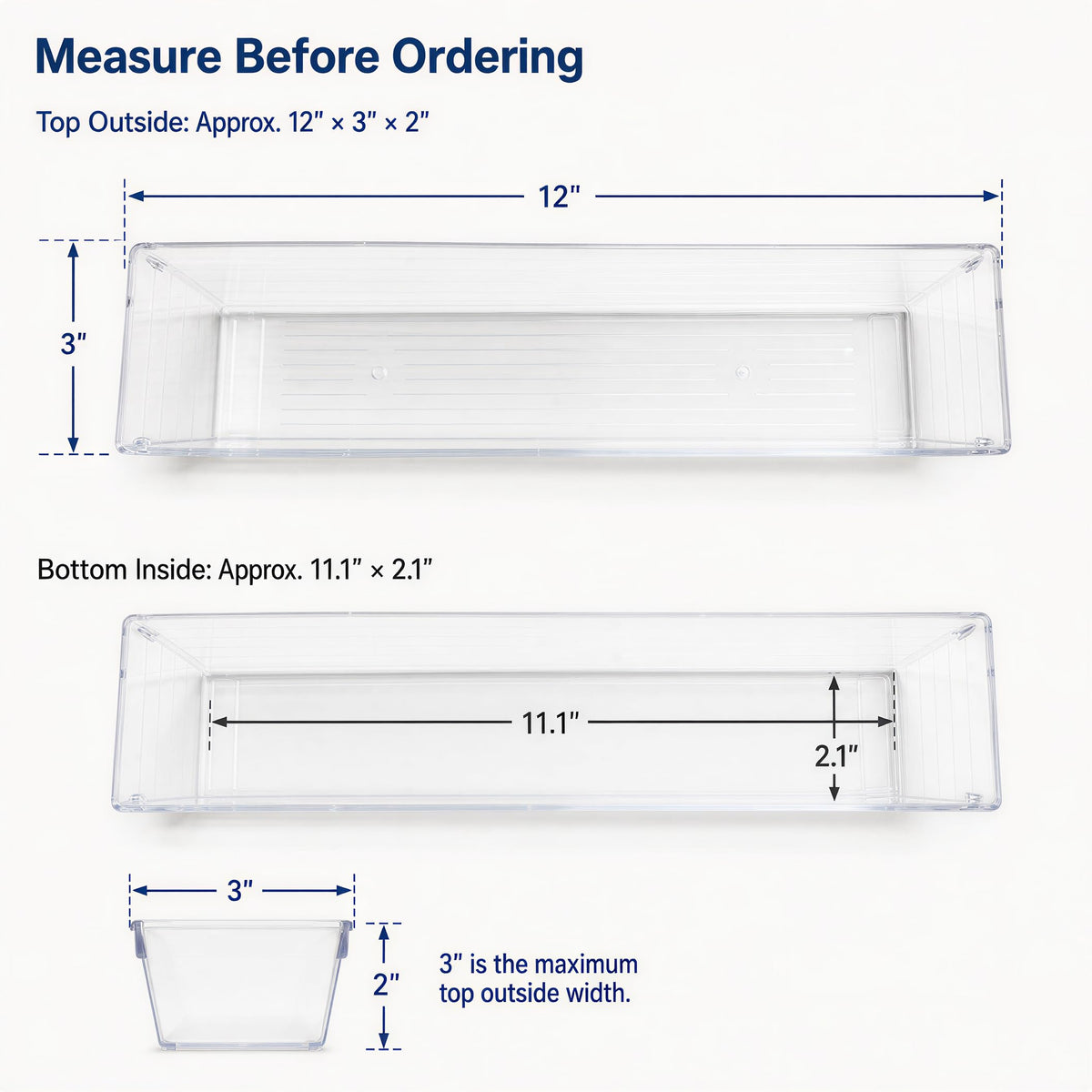 Kingrol 10 Pack Clear Narrow Tapered Drawer Organizer Trays, 12 x 3 x 2 in