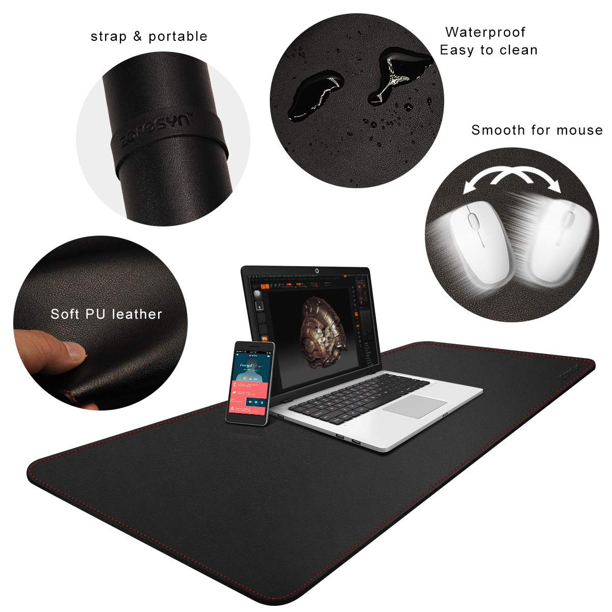 ZORESYN XXL PU Leather Desk Mat, 43.3"x19.7", Black