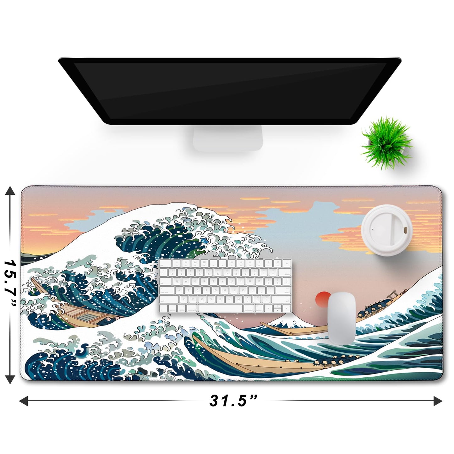 Japanese Large Gaming Mouse Pad with Extended Stitched Edges, 31.5X15.7In Durable Non-Slip Natural