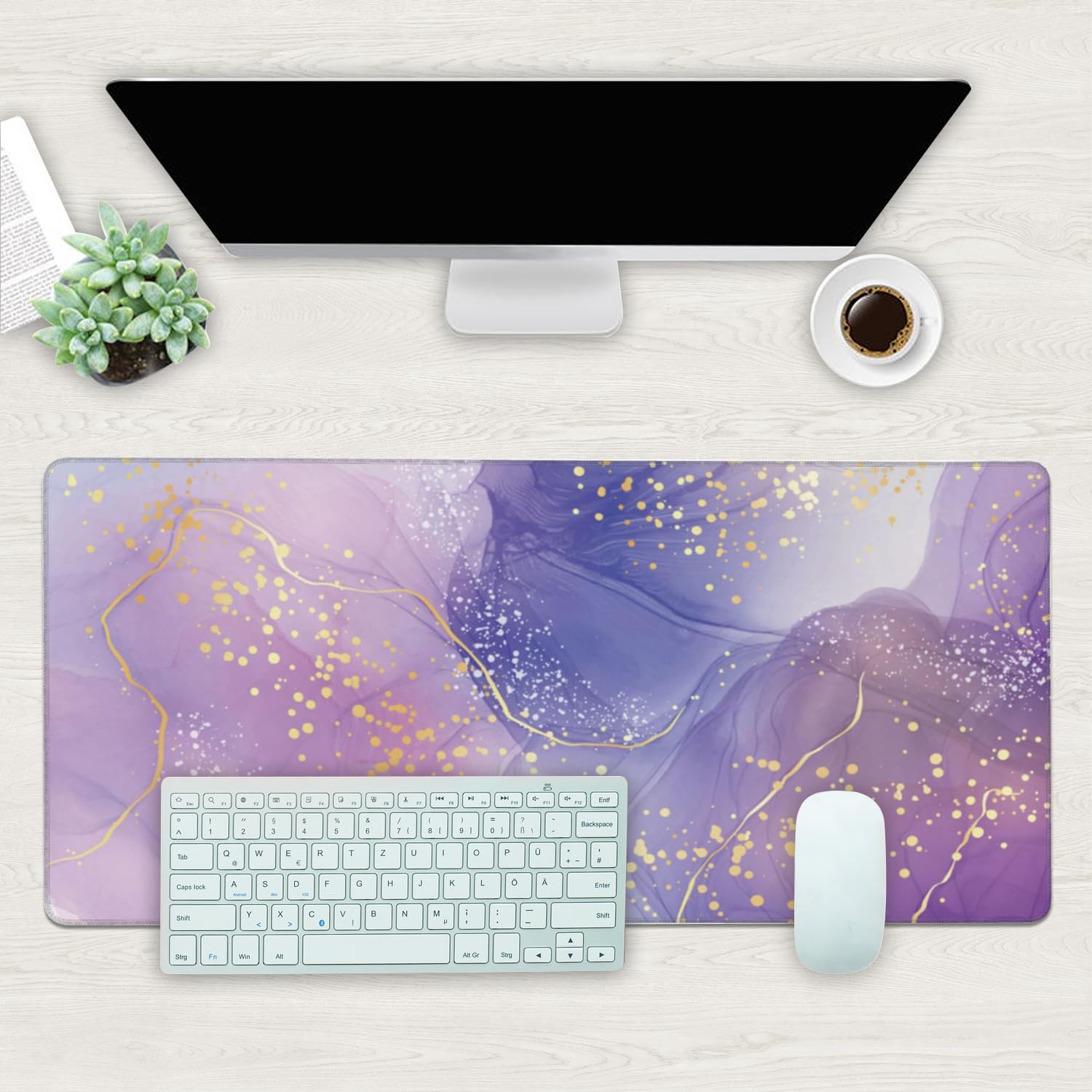 Desk Mat, Purple Rose and Lavender Liquid Marble Extended Gaming Mouse Pad Large, 35.4"x15.7" Big