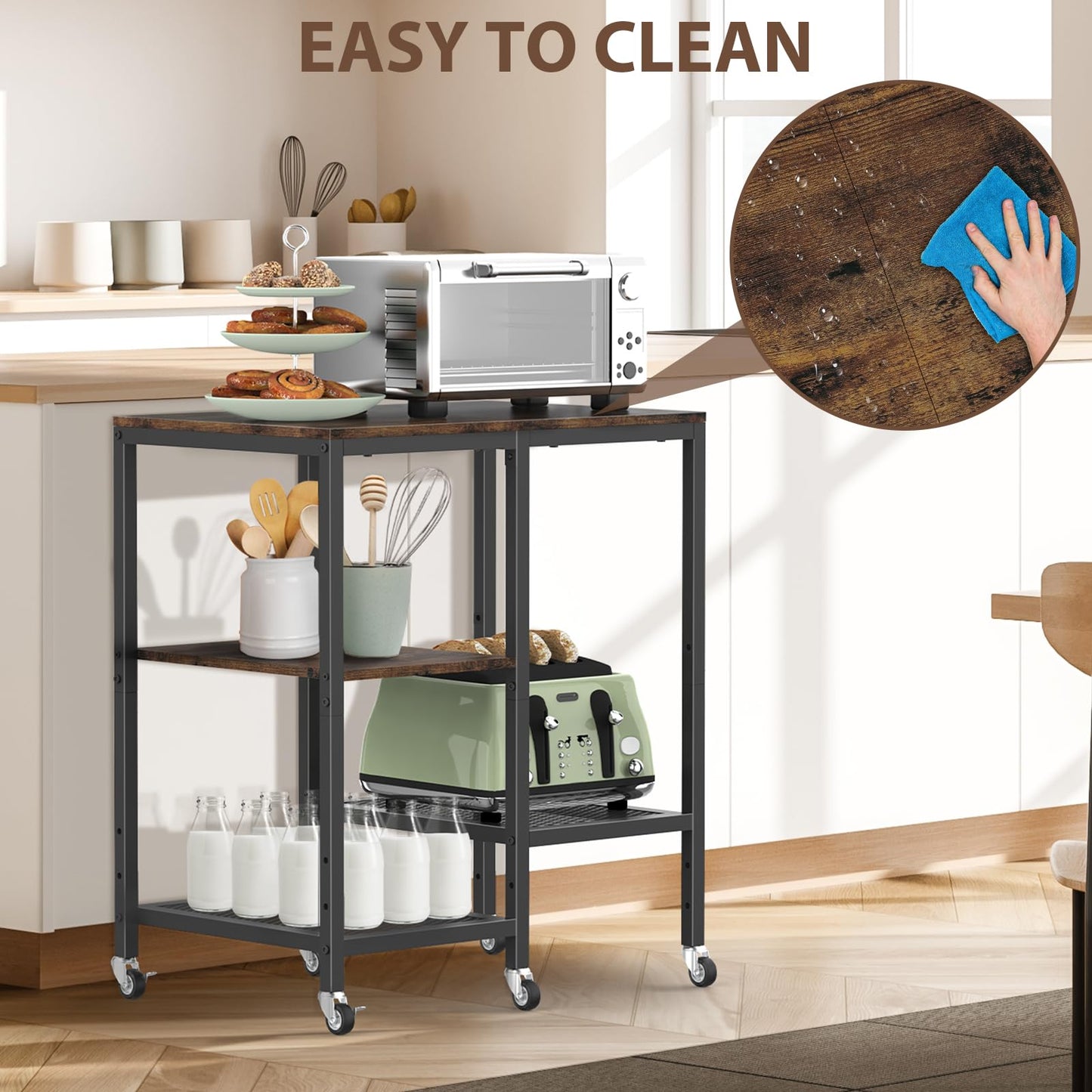 OGEMXU Rolling Kitchen Microwave Cart,4 Tier Microwave Stand,Brown