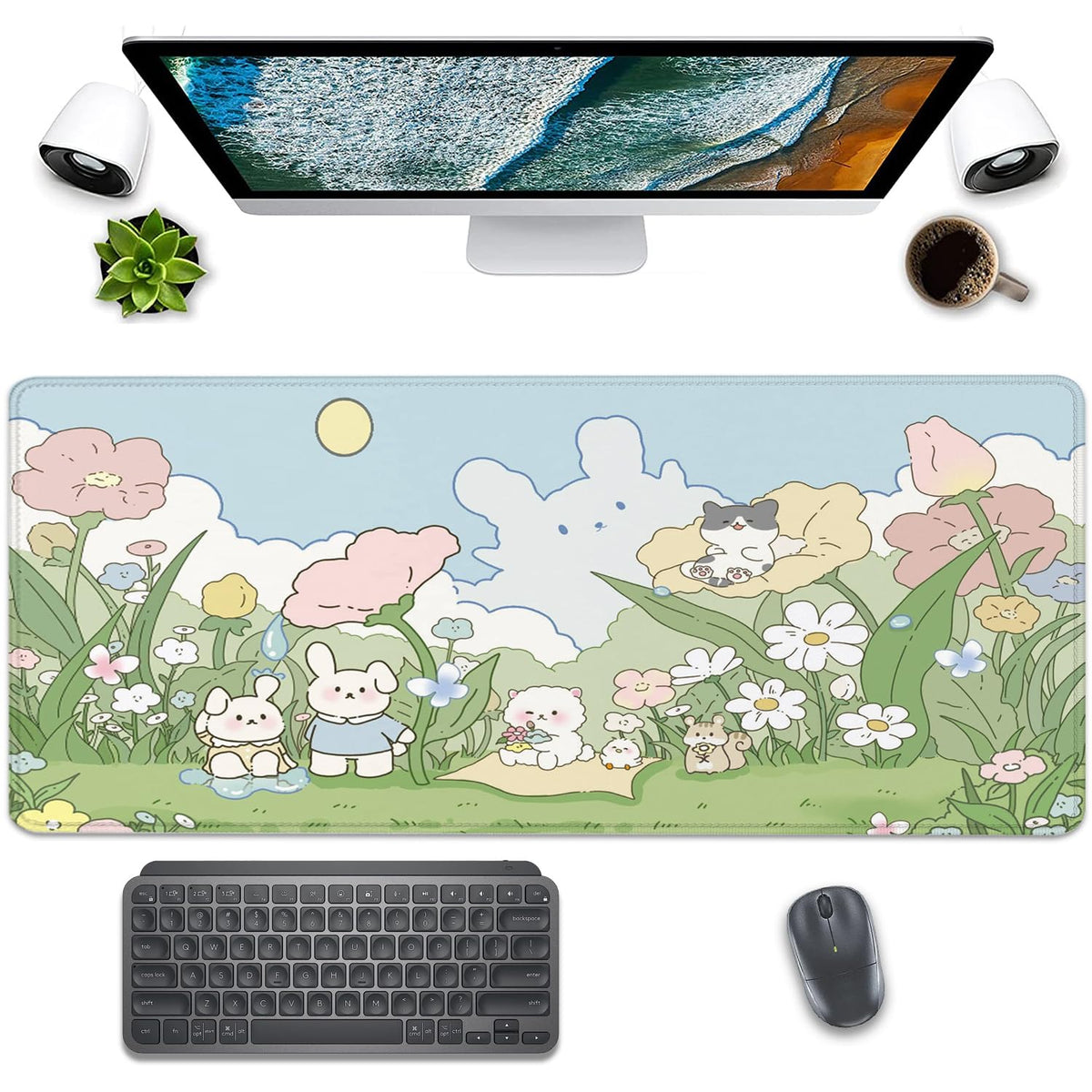 Cute Cartoon Bear Rabbit Cat and Flowers Extended Desk Pad Mouse Pad,Stitched Edges Non-Slip Rubber