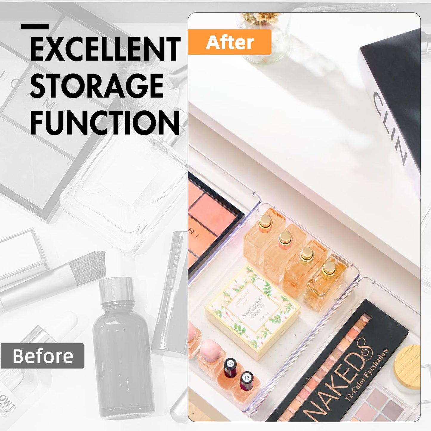 HOUSE DAY Desk Drawer Organizer Bins 6 PCS, 9*6*2" Clear Drawer Organizers with Silicone Pads