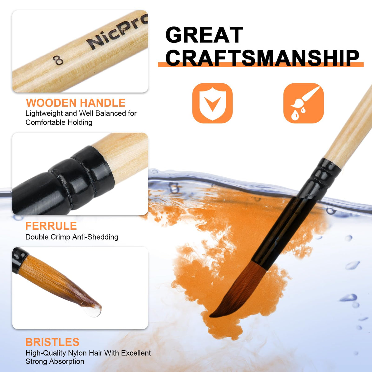 Nicpro 36pcs Paint Brush Set for Acrylic Painting,Oil, Watercolor (Wood)