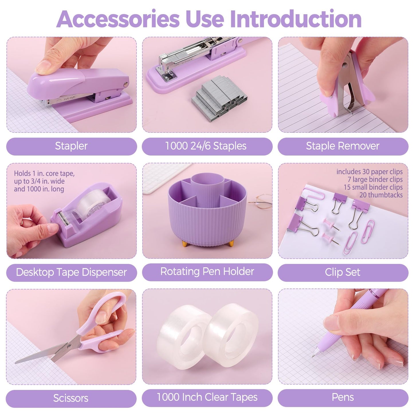 SKYDUE Purple Office Supplies Set with Pencil Holder for Desk,11 PCS