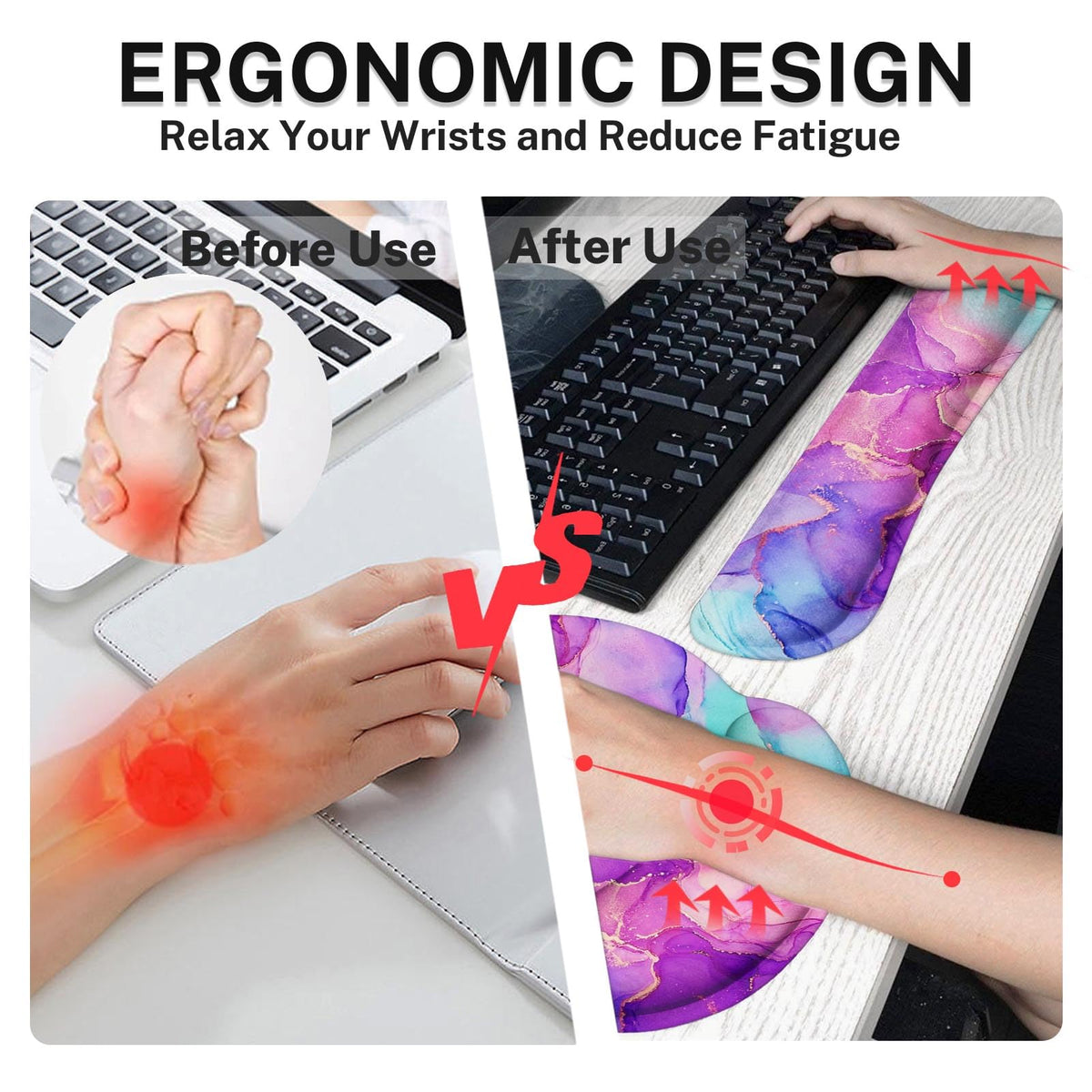 Arttown Keyboard Mouse Pad Set, 4 in 1 Desk Mat Set Marble Purple