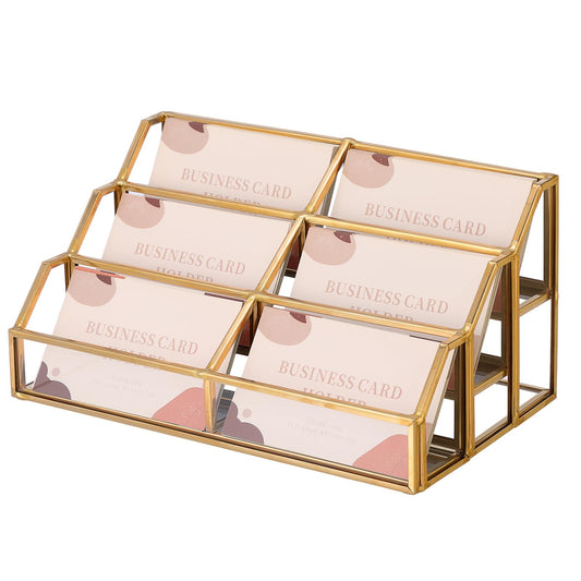 Hipiwe Gold Glass Business Card Holder for Desk, 6-Slot Can Holds 400 Cards
