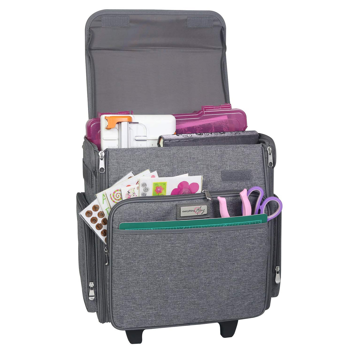 Everything Mary Rolling Scrapbook Tote – Heather Grey Craft Bag with Wheels – Organizer Case for