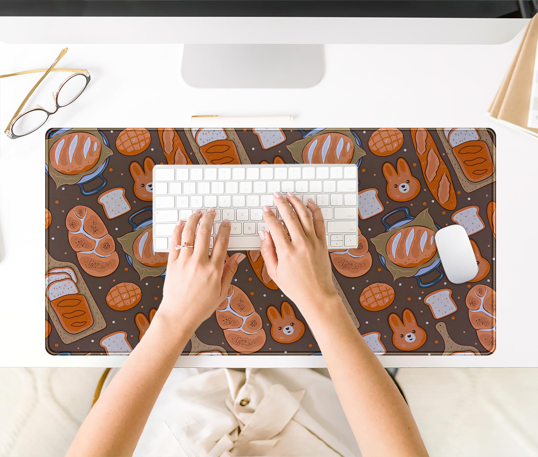 Kawaii Desk Mat Cute Mouse Pad Large Gaming Desk Pad, Bunny Bread Keyboard Mat Extended, Full
