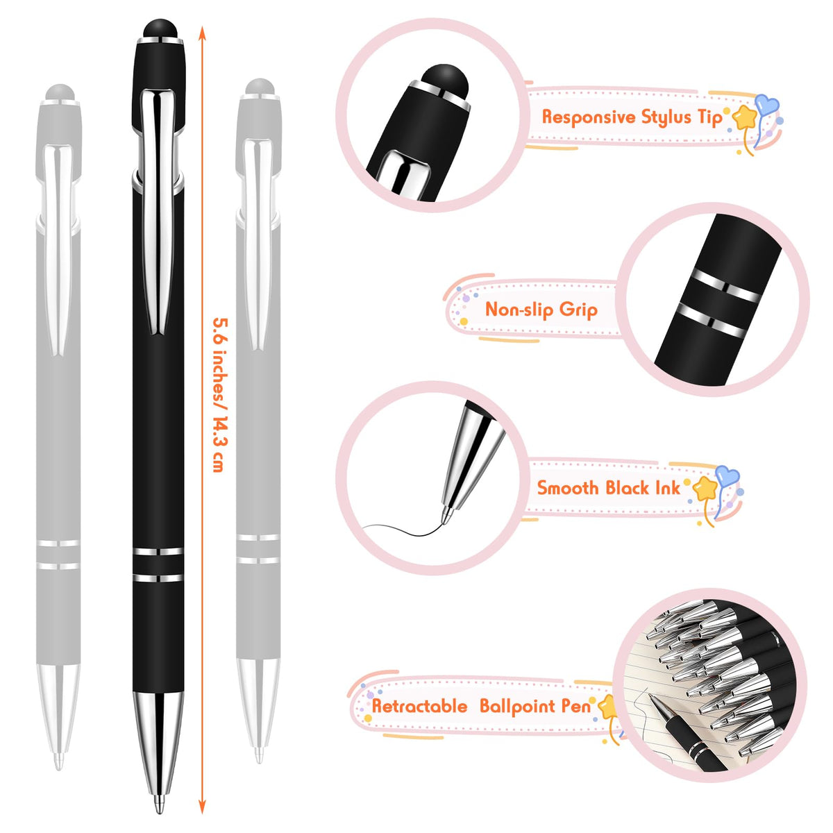 Yeaqee 100 Pieces Ballpoint Pen Bulk with Stylus Tip Click, Black