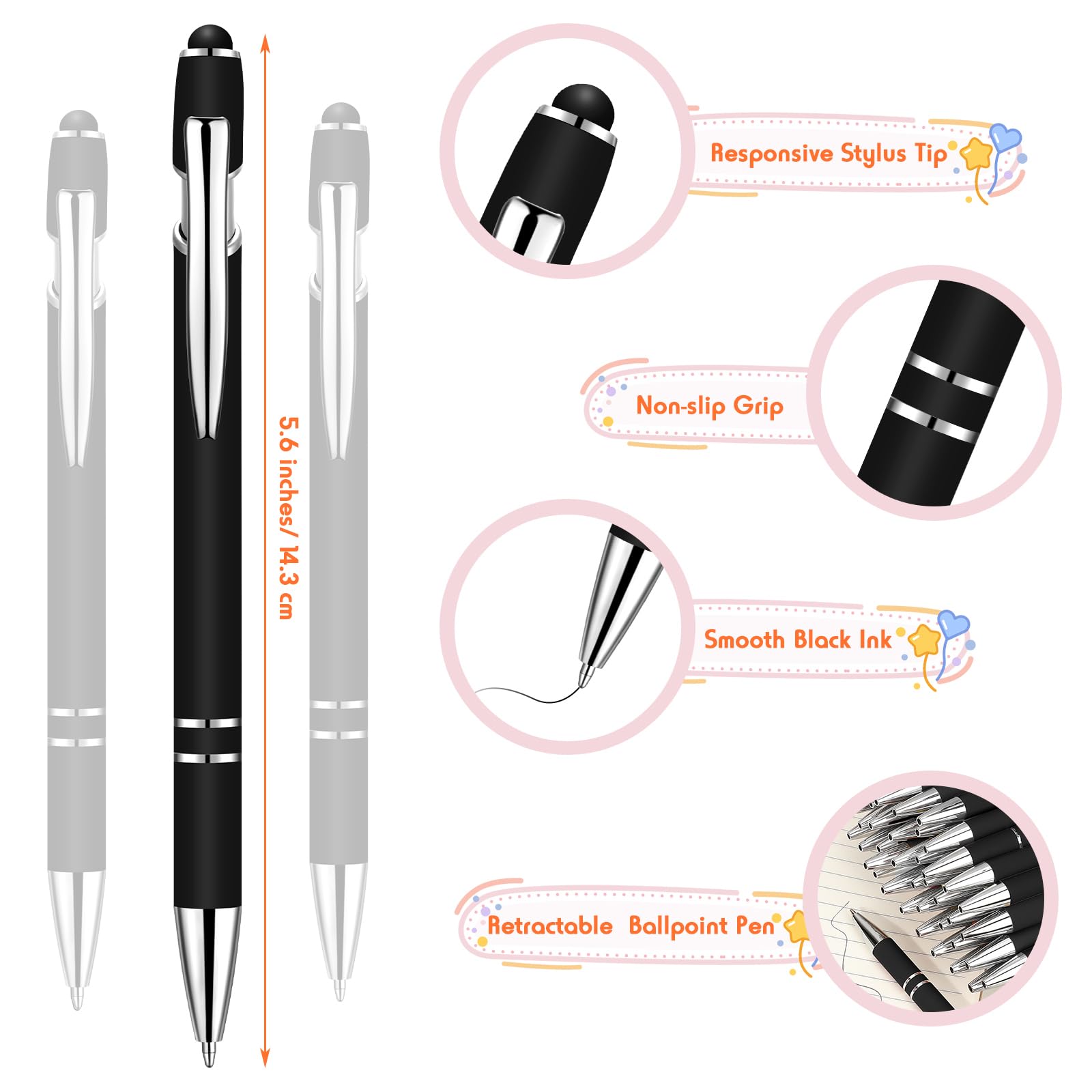 Yeaqee 100 Pieces Ballpoint Pen Bulk with Stylus Tip Click, Black