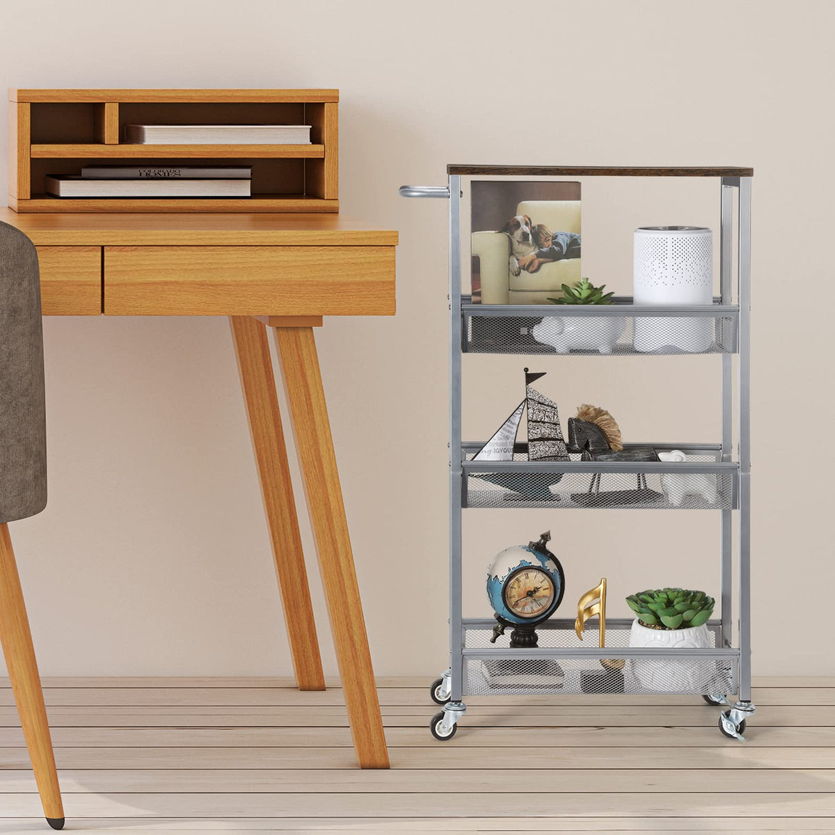 Slim Storage Cart, Metal Narrow Rolling Storage Cart for Kitchen, Silver