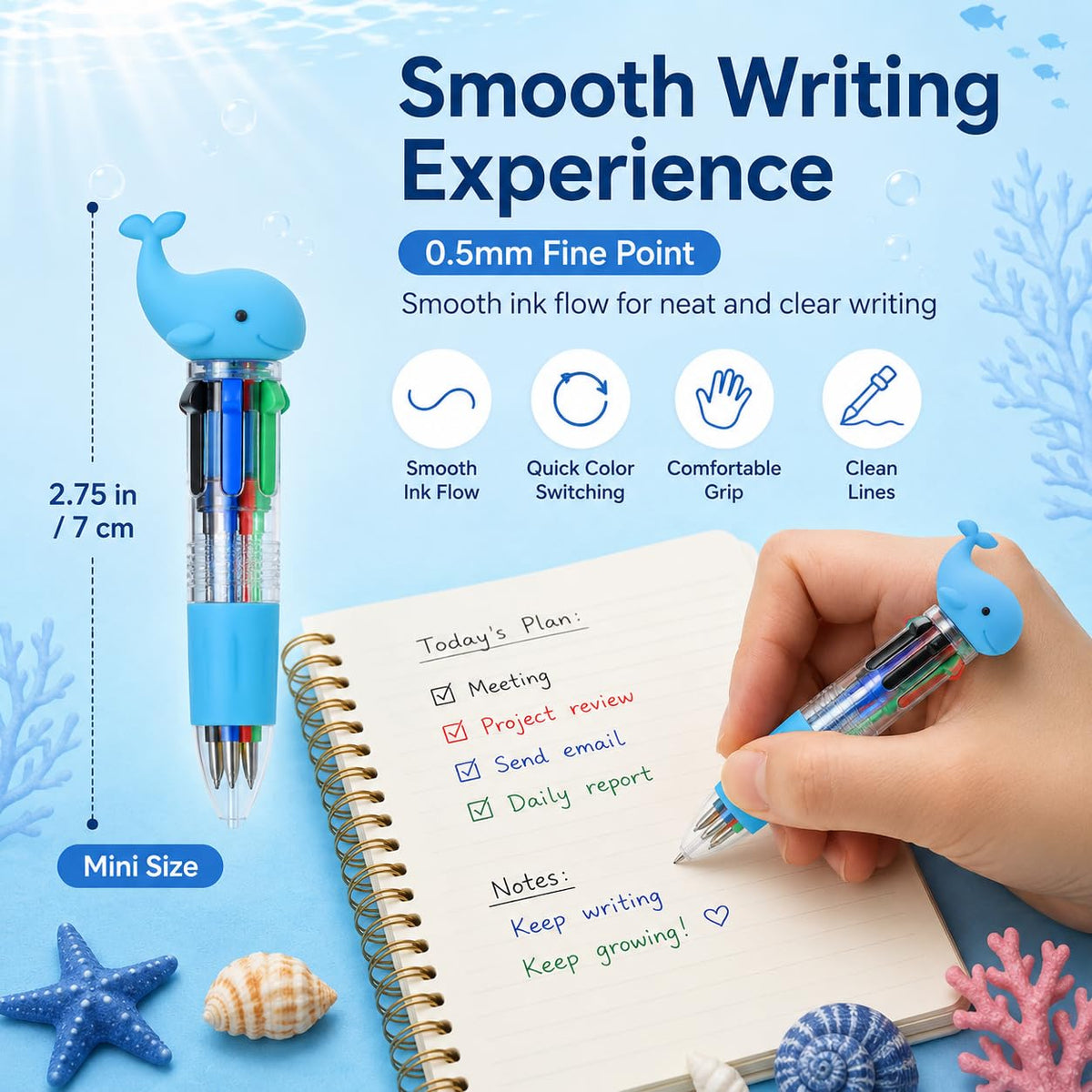 30PCS Ocean Animal Multicolor Pens, 4 Color Ballpoint Pens Bulk, Retractable Novelty Pens with