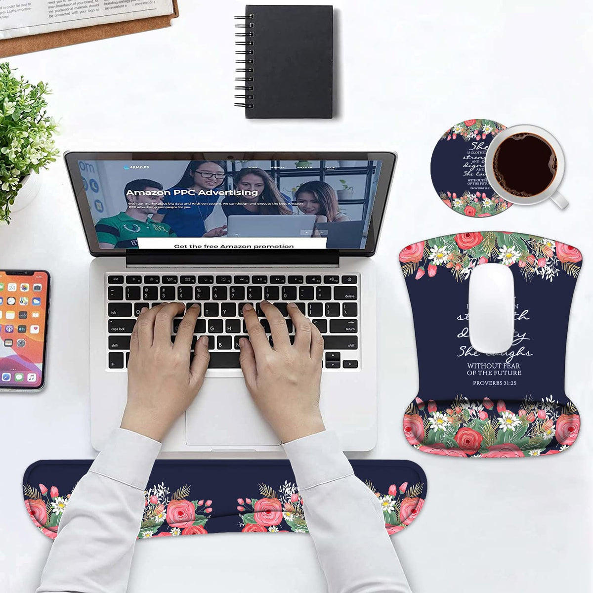 Keyboard Wrist Rest and Mouse Pad Wrist Support Set with Coasters, Floral Quote Bible Verses