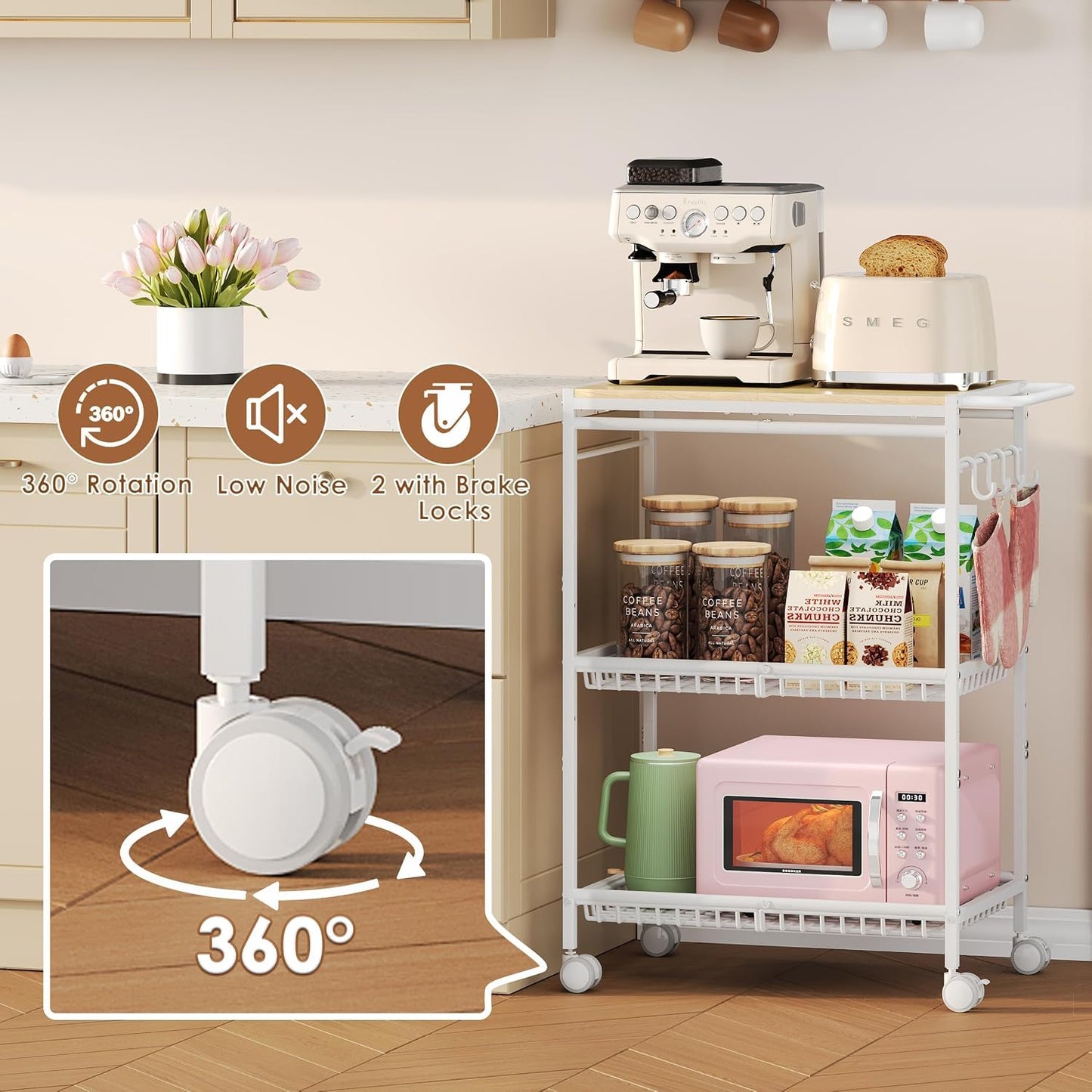 Pkuyres Microwave Kitchen Cart, White Kitchen Shelf with Push Handle, 3 Tier Rolling Microwave