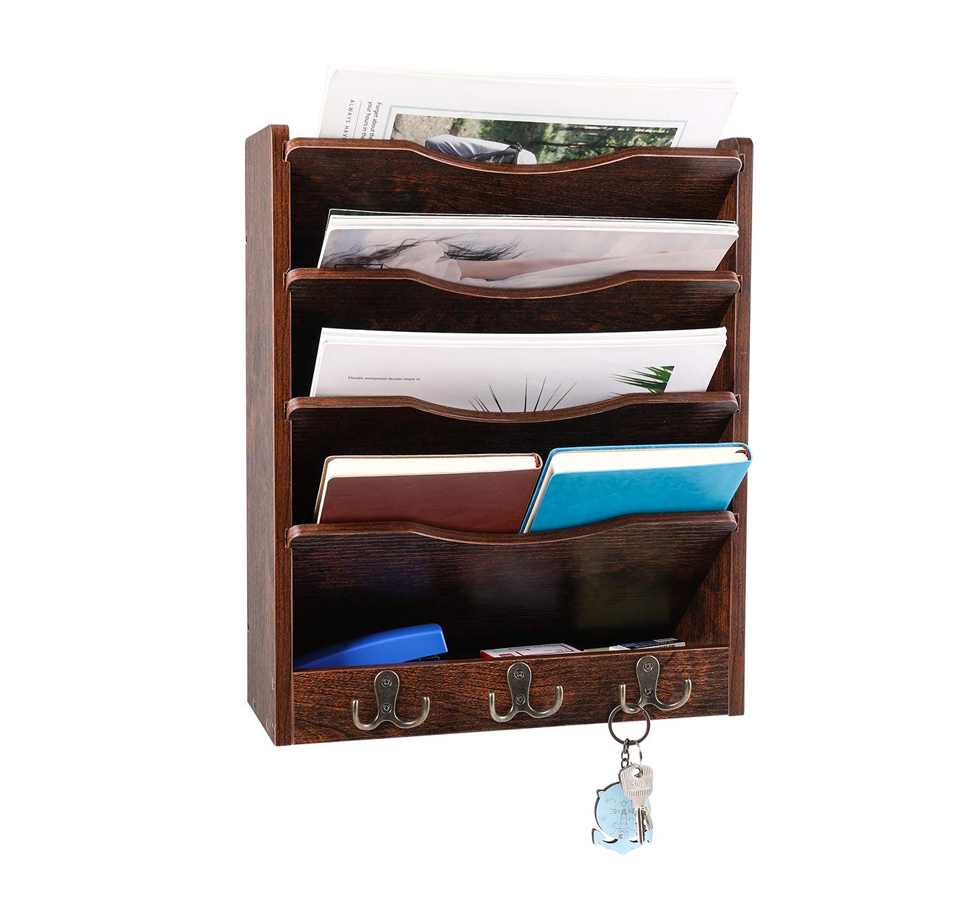 PAG-Mass 5-Tier Wall File Holder Hanging Mail Organizer Wood Magazine Literature Rack with 6 Hooks