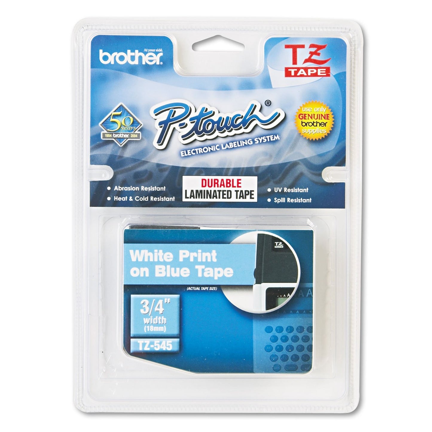 Brother Genuine P-Touch TZE-545 Tape, 3/4" (0.7") Standard Laminated P-Touch Tape, White on Blue