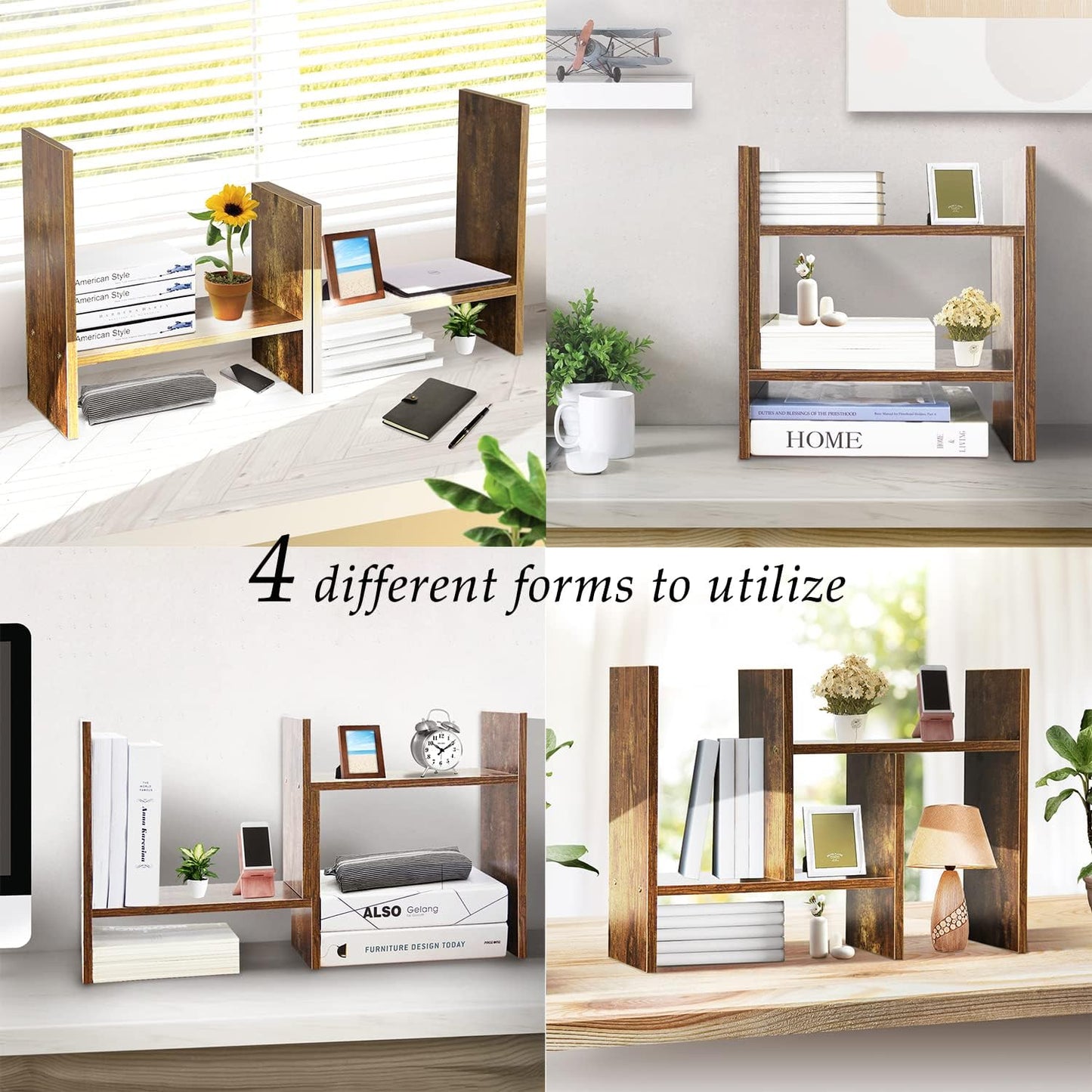 BROWN-BROWN Adjustable Wood Desk Shelf Organizer Office Home Multipurpose Desktop Shelf, Display