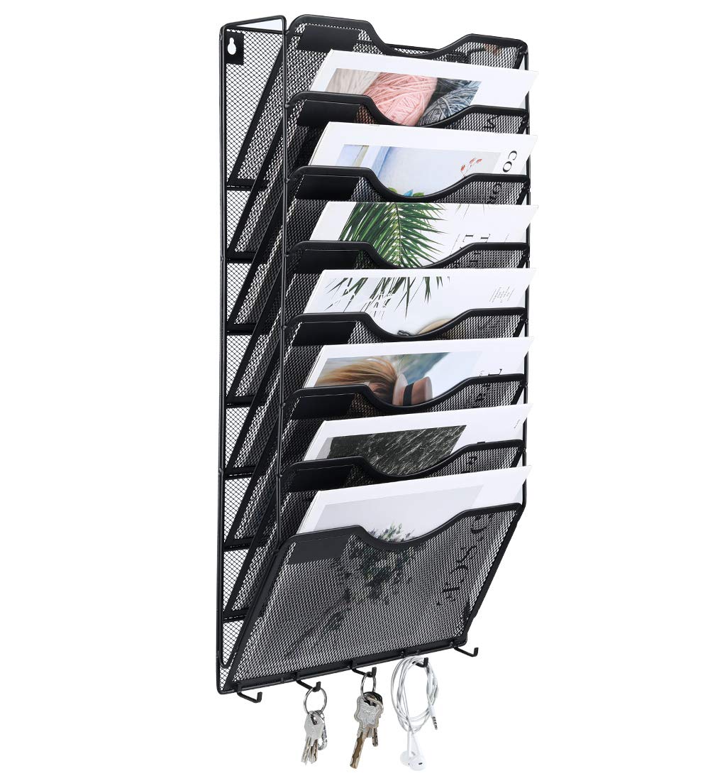 EasyPAG 8 Pocket Mesh Wall File Organizer with Key Hooks, Hanging Paper Folder Holder with Classify