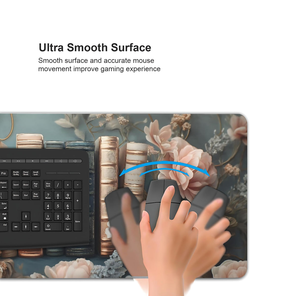 Floral Aesthetic Book Gaming Mouse Pad, Morandi Rococo Desk Mat with Anti-Slip Base & Stitched