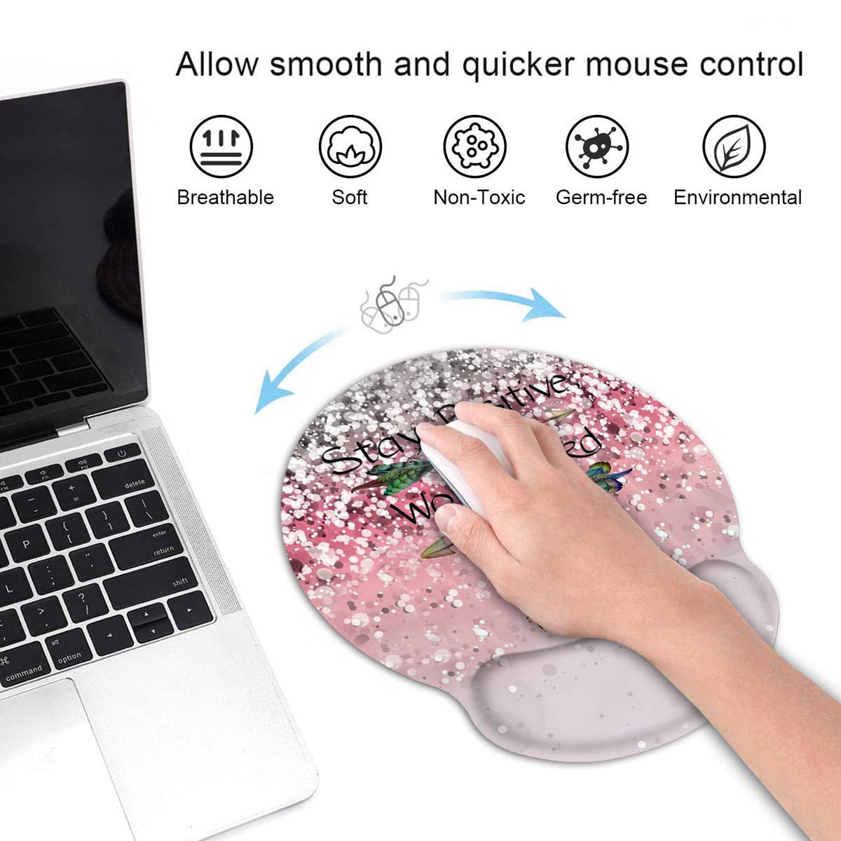 Ergonomic Mouse Pad Wrist Support and Coasters Set, Pink Glitter Stay Positive Work Hard and Make