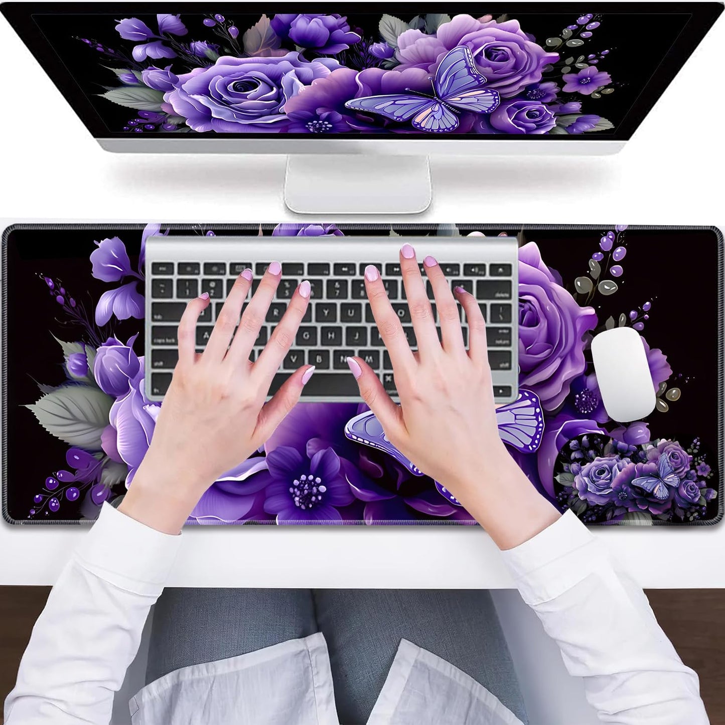 3-Piece Butterfly and Purple Flowers Mouse Pad Set, Including Wrist Support Pad and Cup Holder
