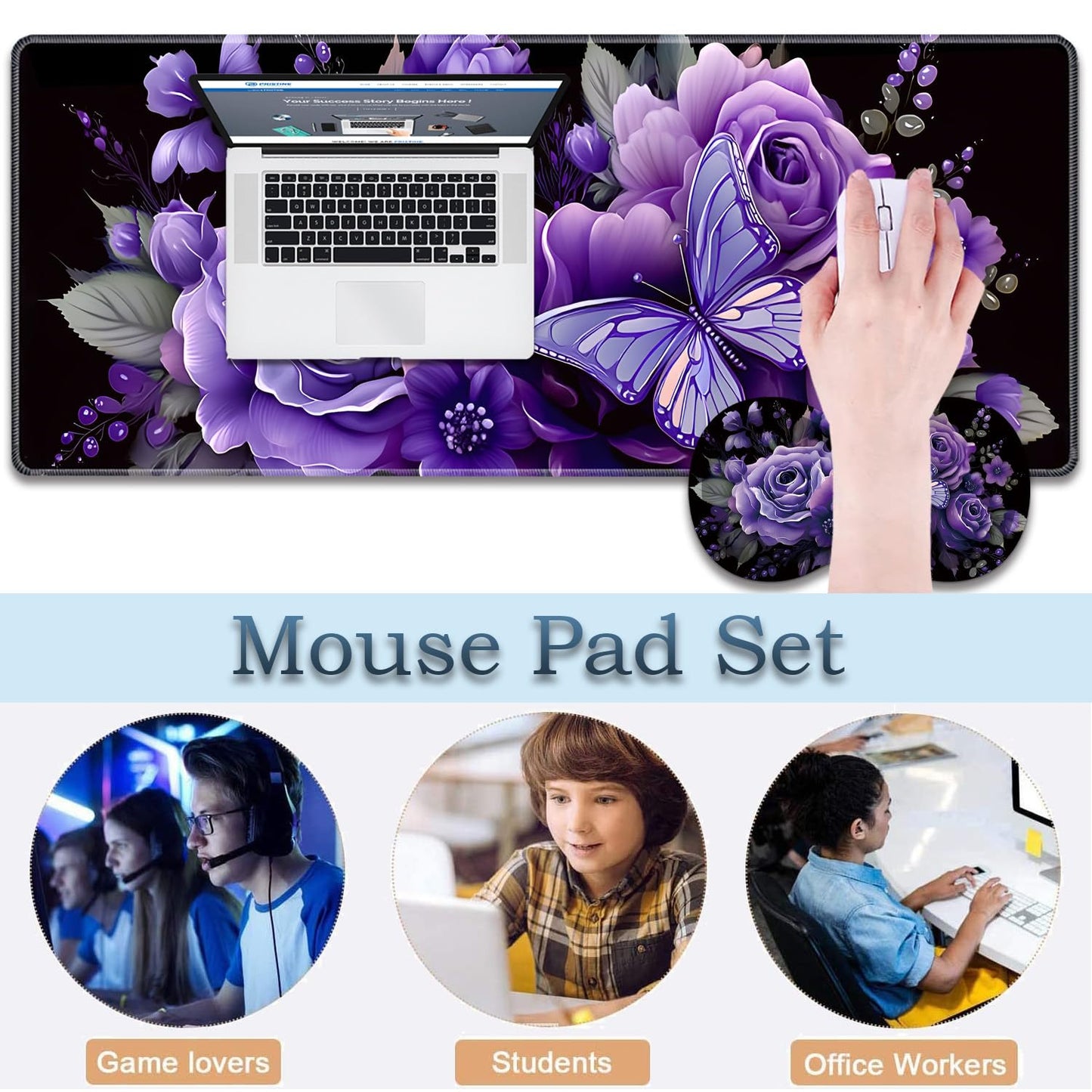 3-Piece Butterfly and Purple Flowers Mouse Pad Set, Including Wrist Support Pad and Cup Holder