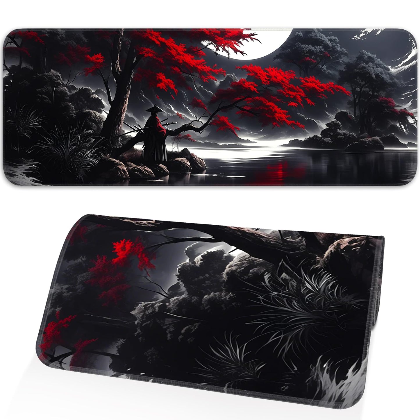 Japanese Dark Red Moon Gaming Mouse Pad, Extended Mouse Pad with Non-Slip Base, Full Keyboard Pad