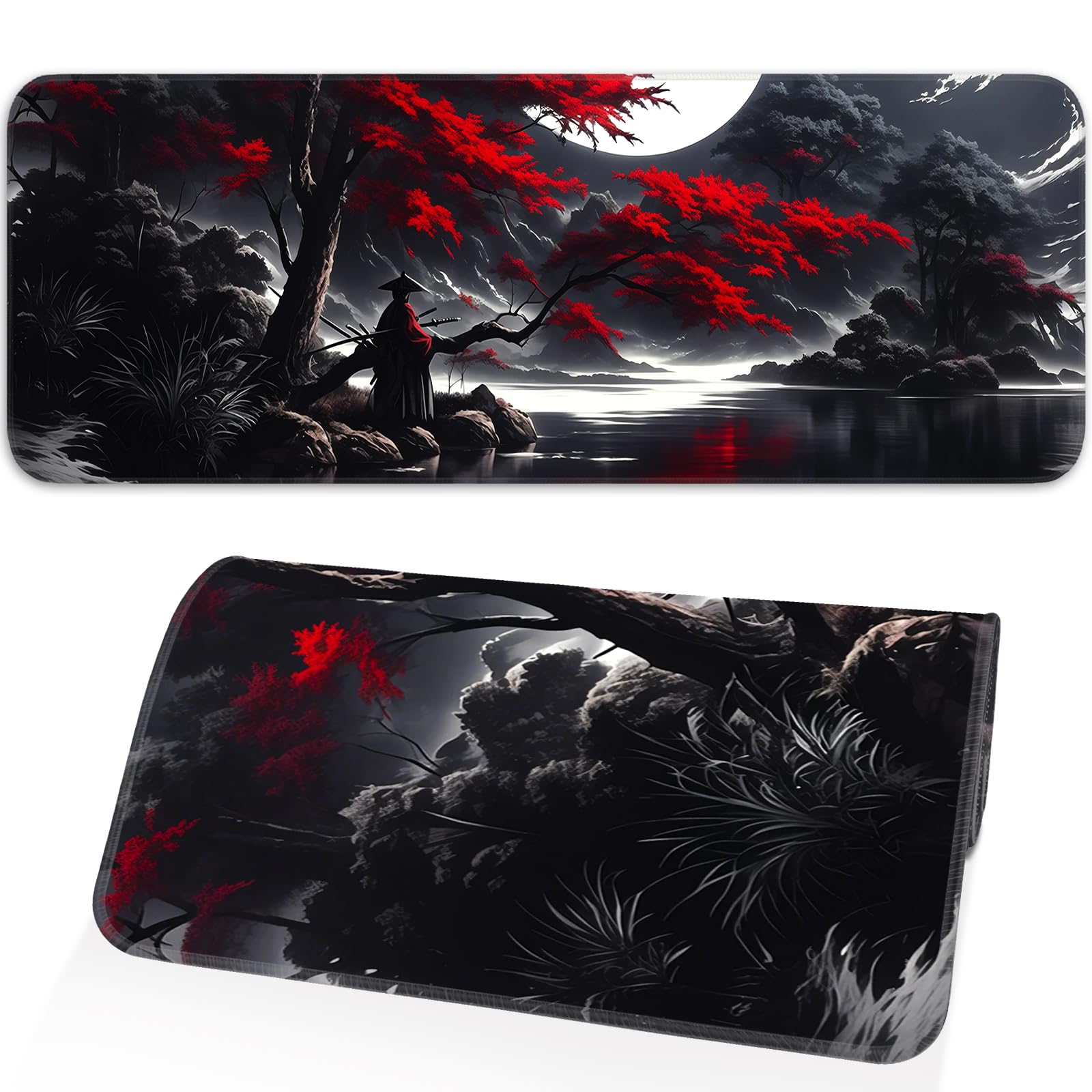 Japanese Dark Red Moon Gaming Mouse Pad, Extended Mouse Pad with Non-Slip Base, Full Keyboard Pad
